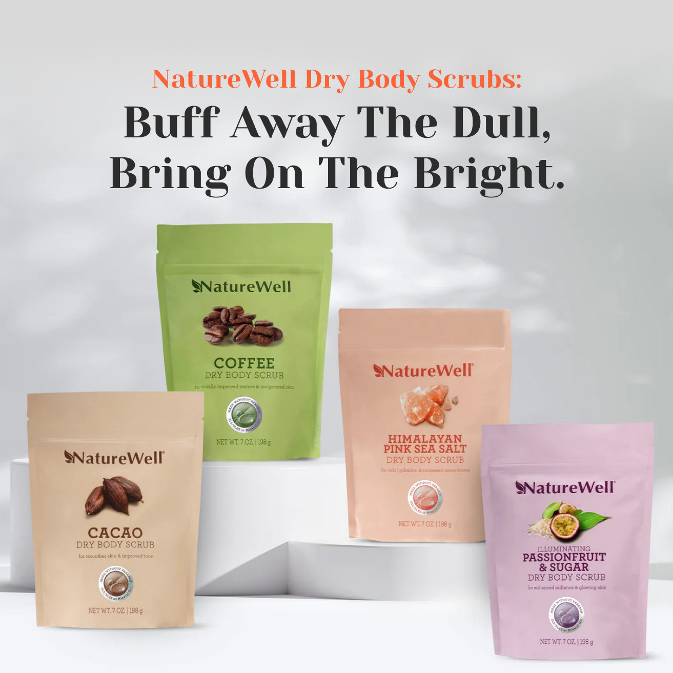 A variety of 4 packs of NatureWell dry body scrubs including coffee, cacao, himalayan pink sea salt and passionfruit and sugar