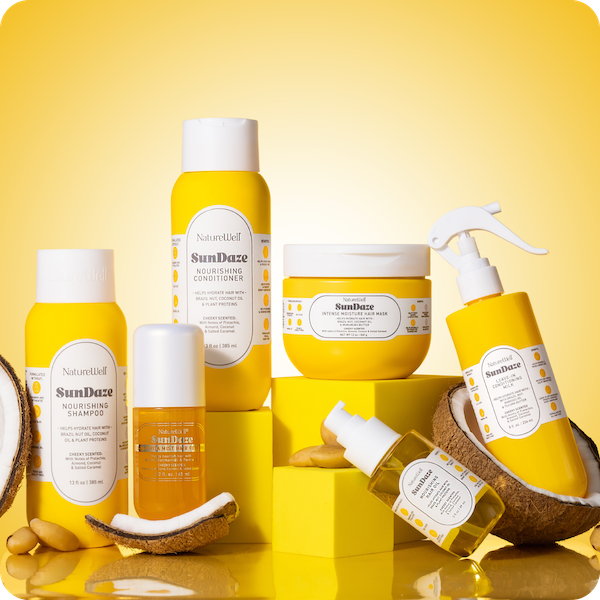 Collection of NatureWell SunRise haircare products on a yellow background