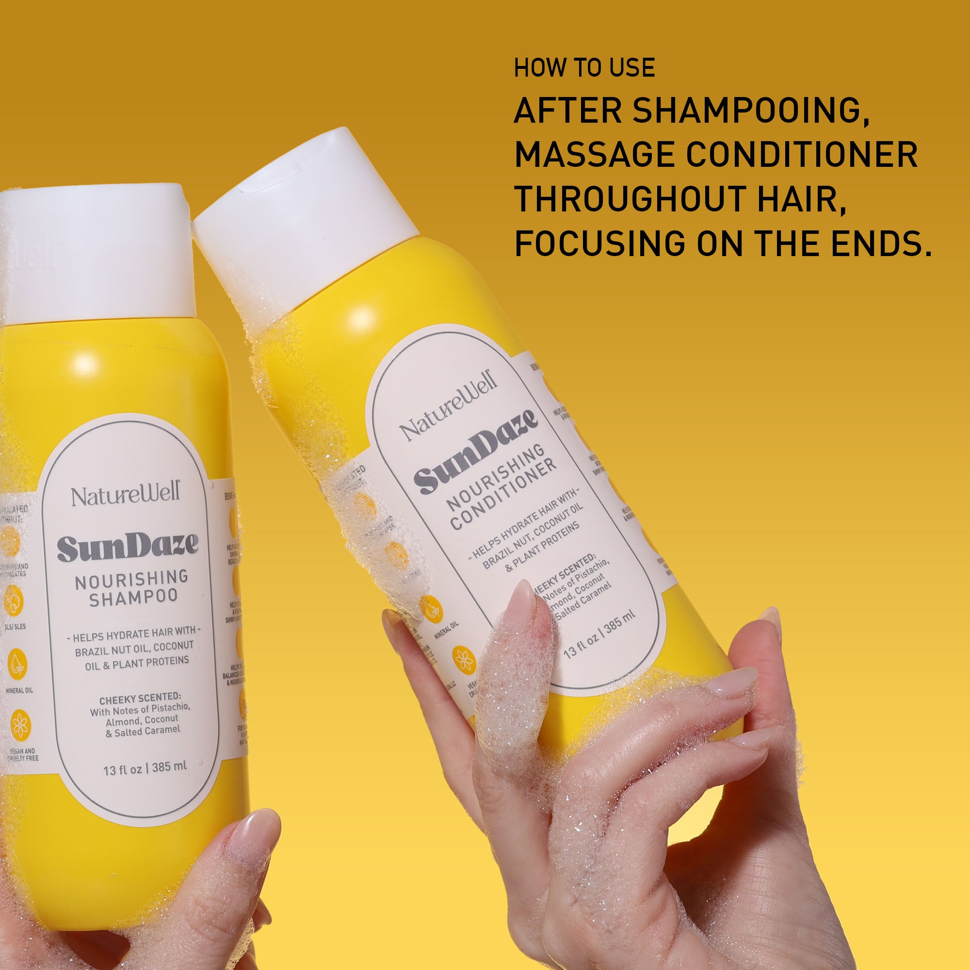 Woman holding bottles of NatureWell SunDaze haircare products on a yellow background with text overlay