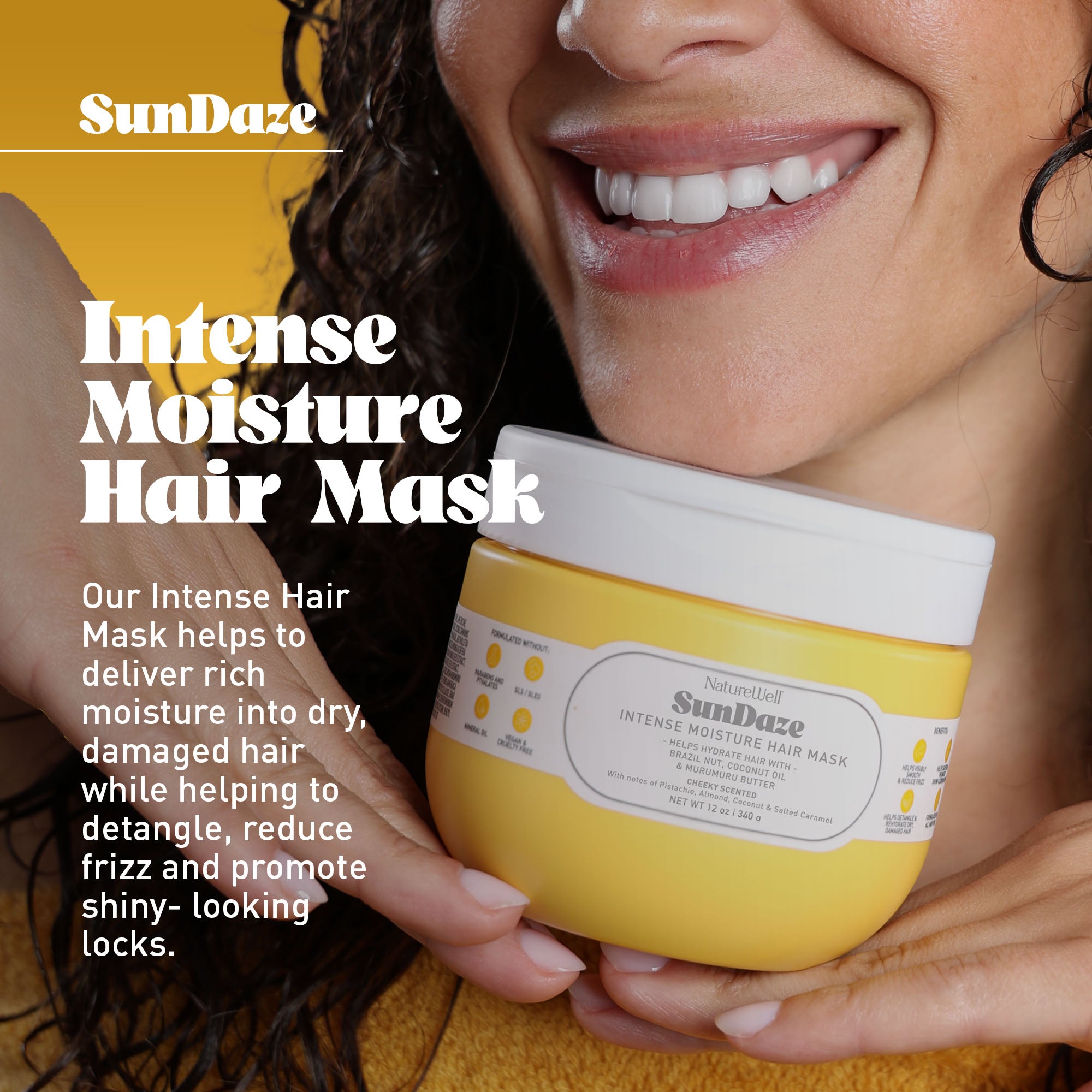 Woman holding SunDaze Intense Moisture Hair Mask on a yellow background with text overlay