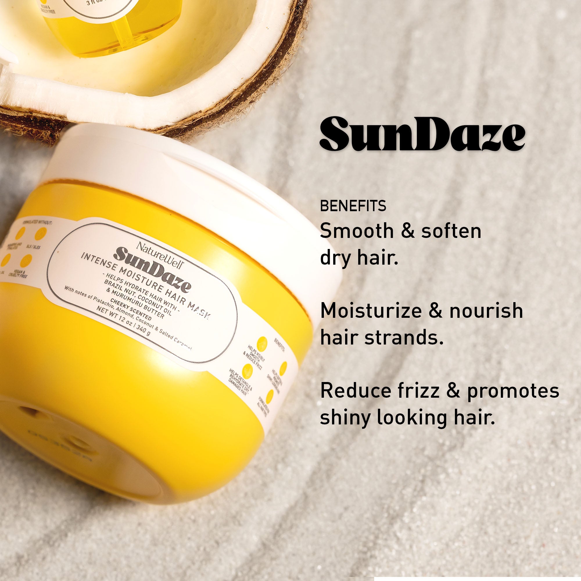 Jar of SunDaze Intense Moisture Hair Mask on a neutral background with text overlay
