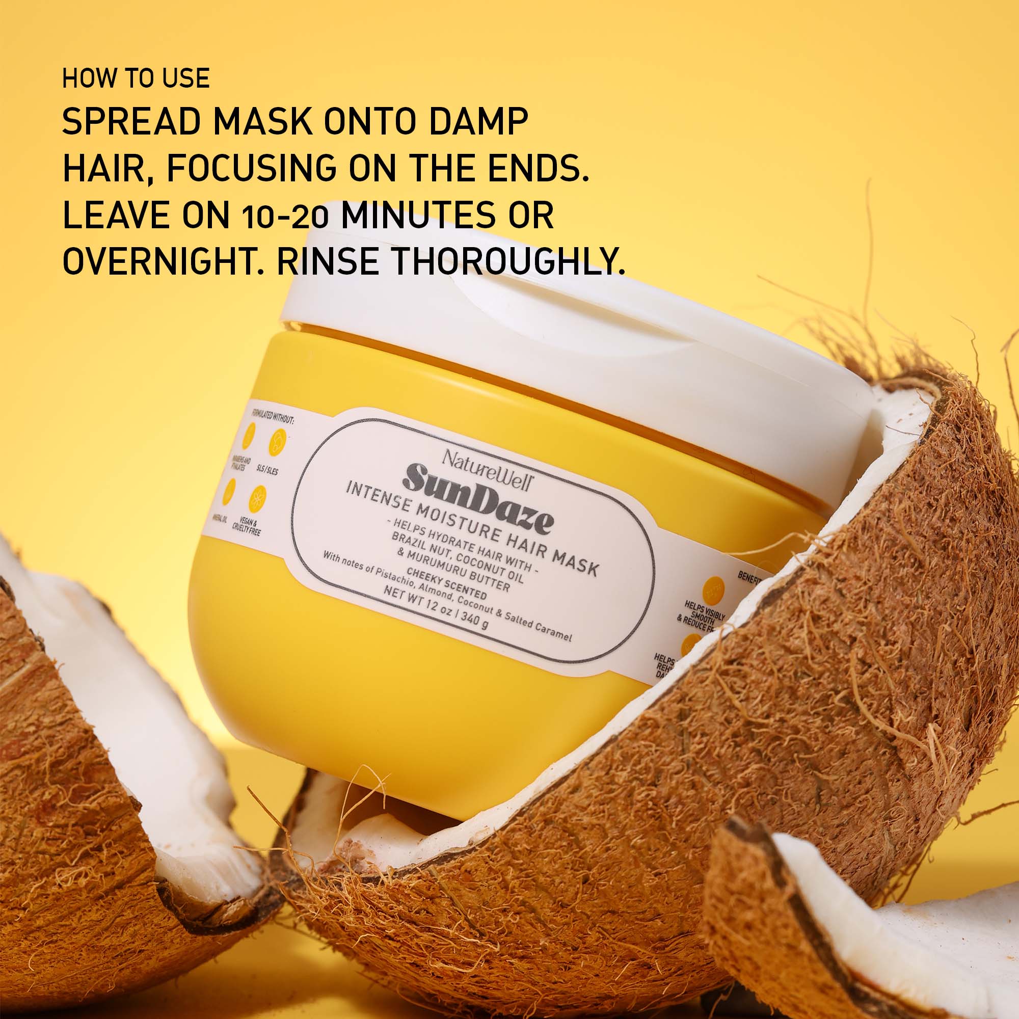Jaw of SunDaze Intense Moisture Hair Mask on a yellow background with text overlay