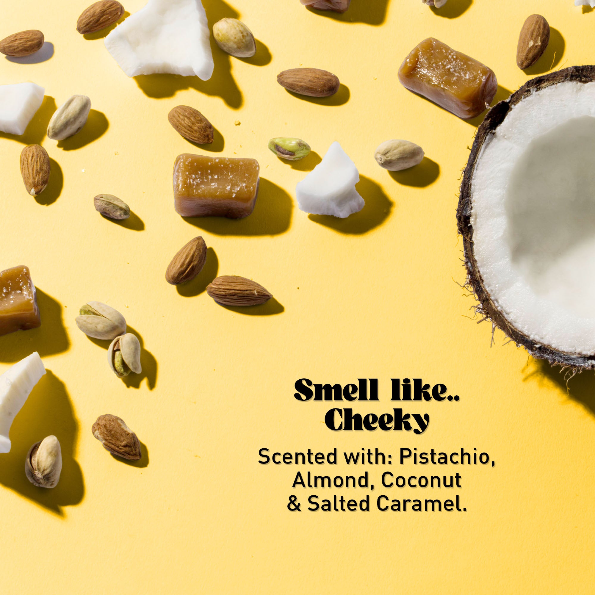 Coconut, caramel and almonds on a yellow background with text overlay