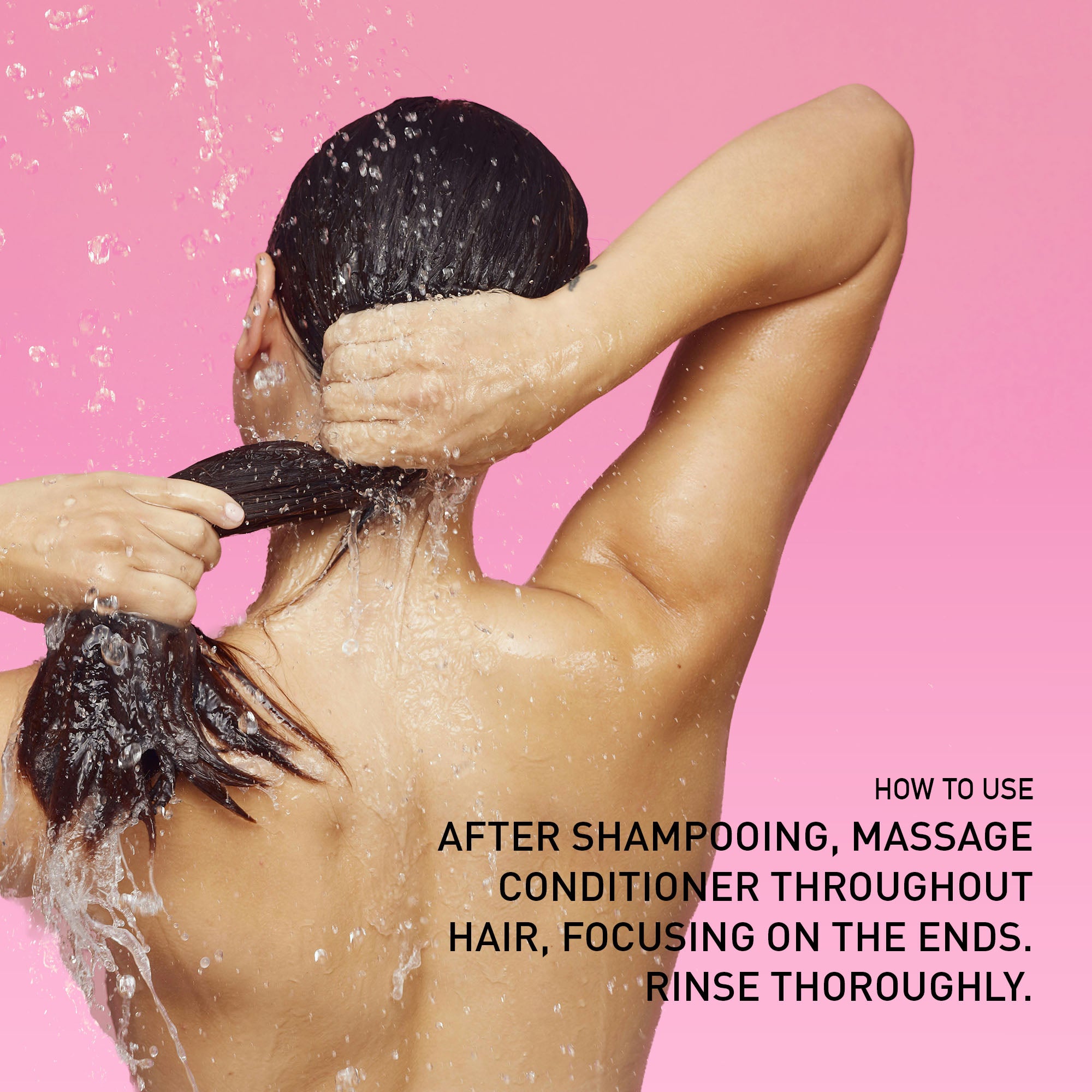 Woman cleansing her hair with instructions on how to use NatureWell SunRise Conditioner on a pink background