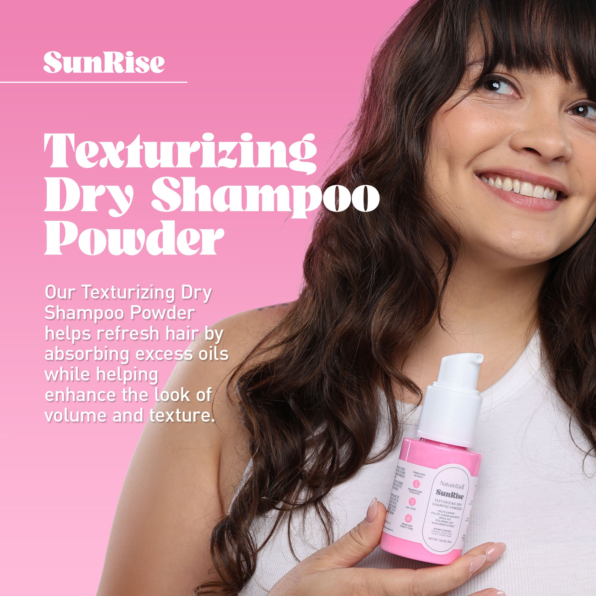 Woman holding a bottle of NatureWell SunRise Dry Shampoo against a pink background with text overlay