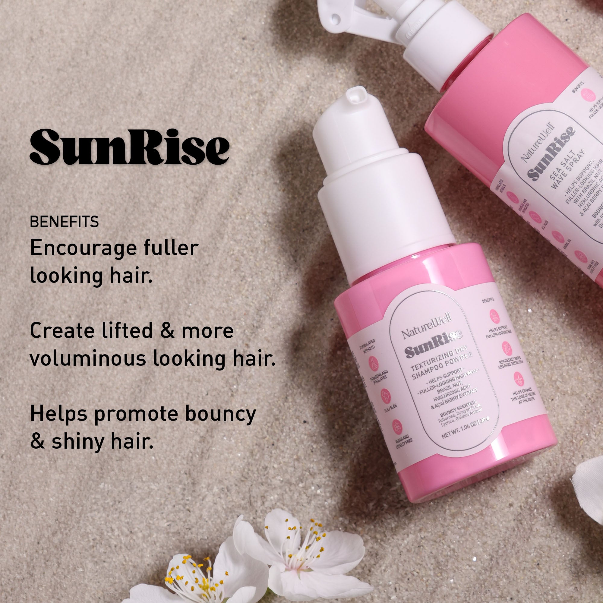 Bottles of NatureWell SunRise haircare products on a natural background with text overlay