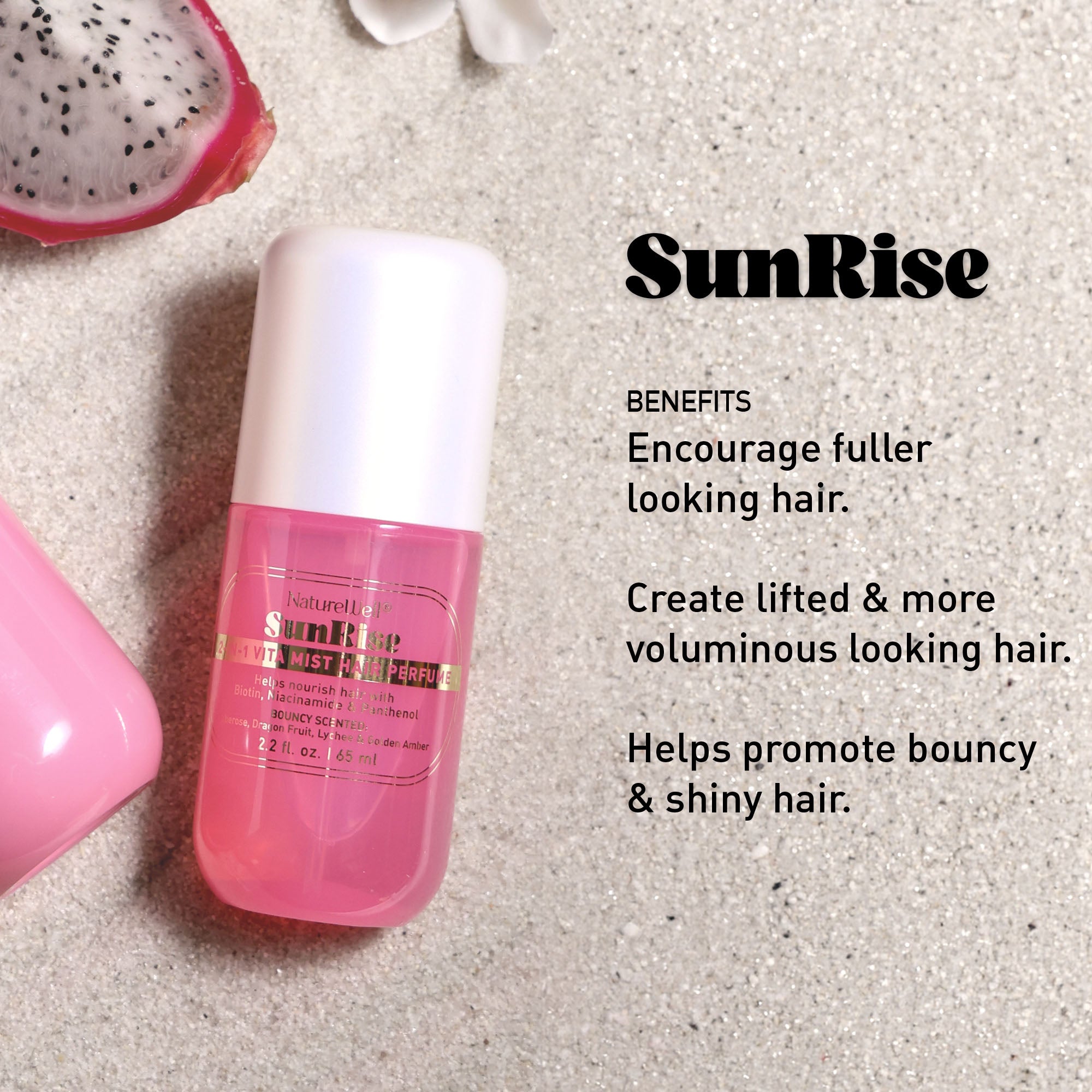 Bottle of NatureWell SunRise Hair Perfume on a natural background with text overlay