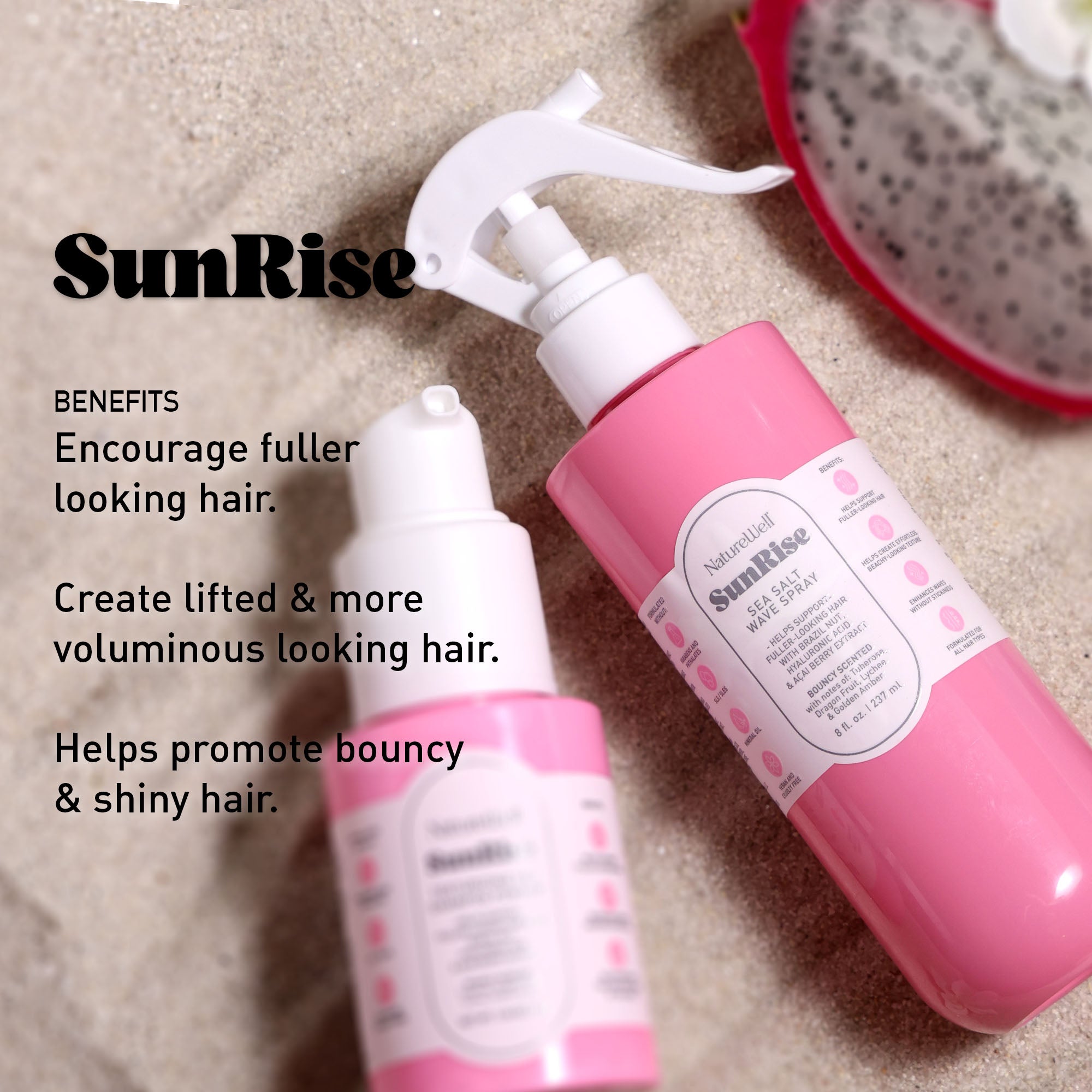 Bottles of NatureWell SunRise haircare products on a natural background with text overlay