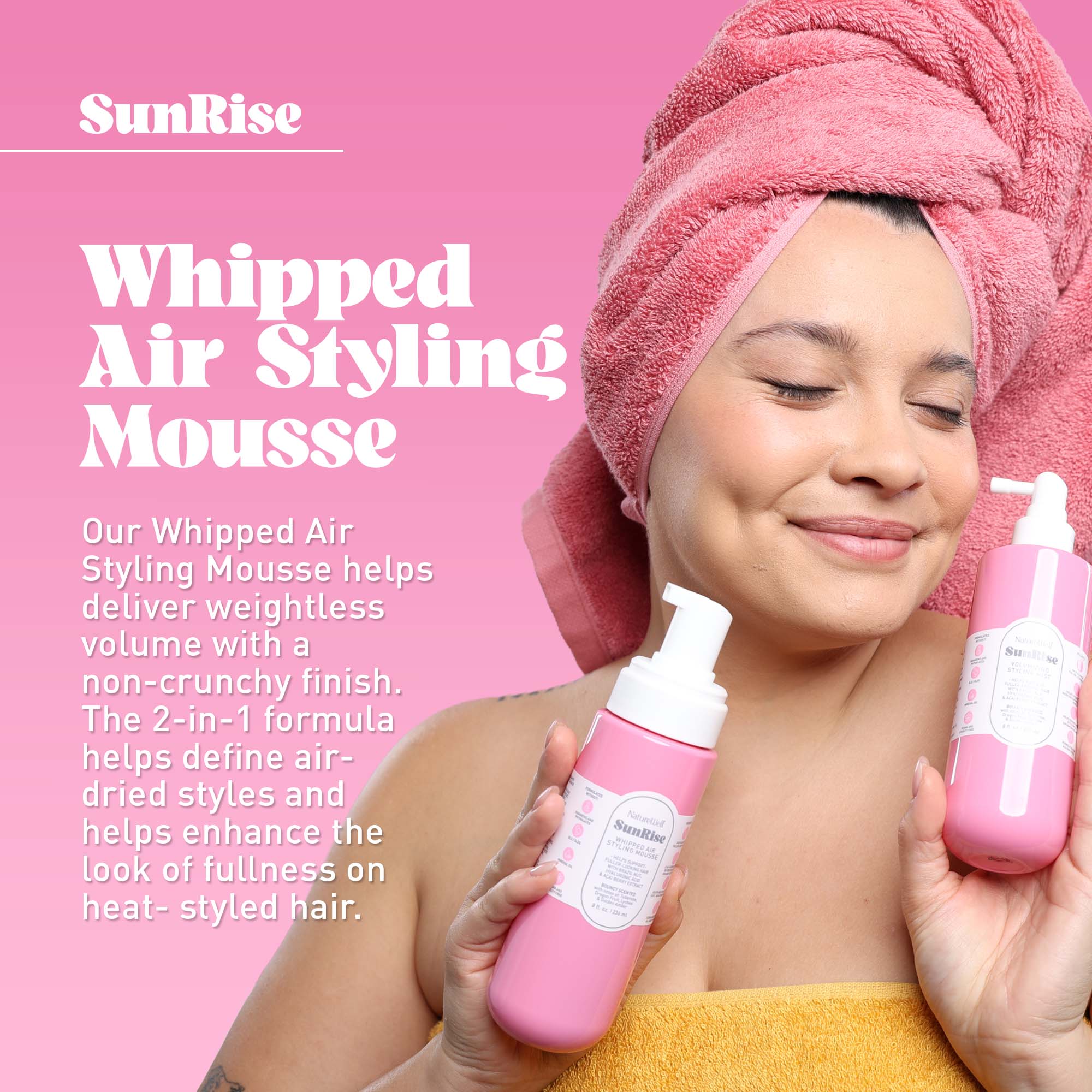 Woman holding bottles of NatureWell SunRise hair products against a pink background with text overlay
