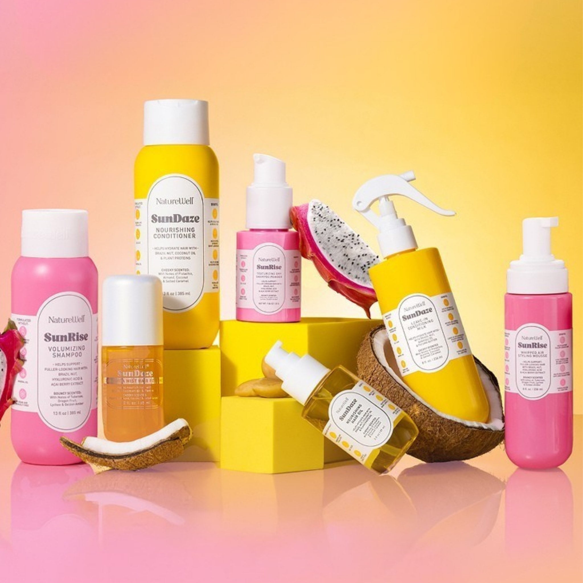 Assortment of NatureWell SunDaze haircare products on a colorful background