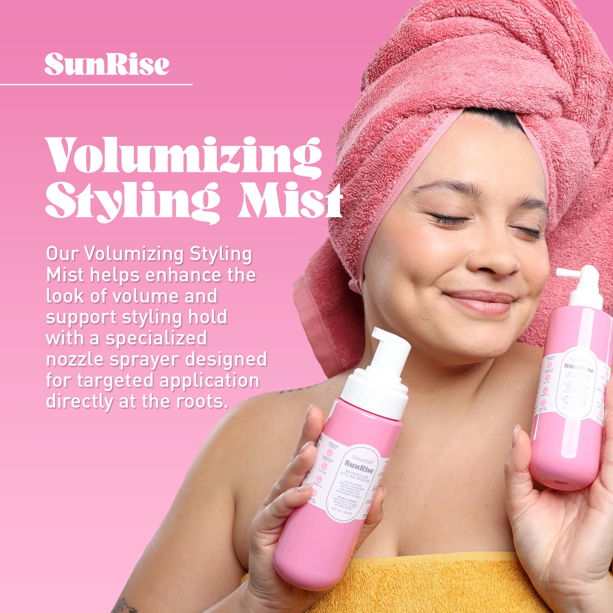 Woman holding NatureWell SunRise haircare products on a pink background with text overlay
