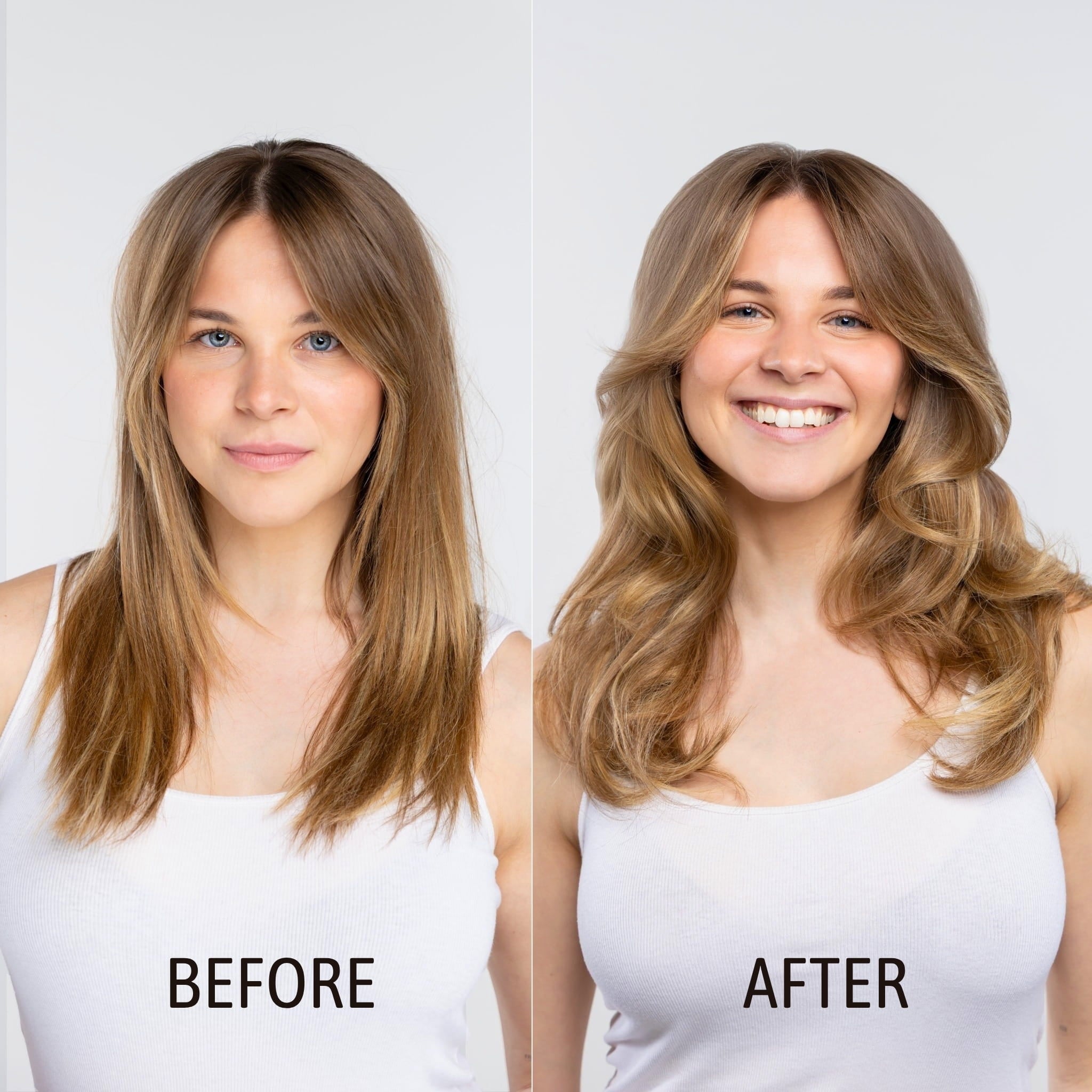 Woman's hair before and after using NatureWell SunRise haircare products