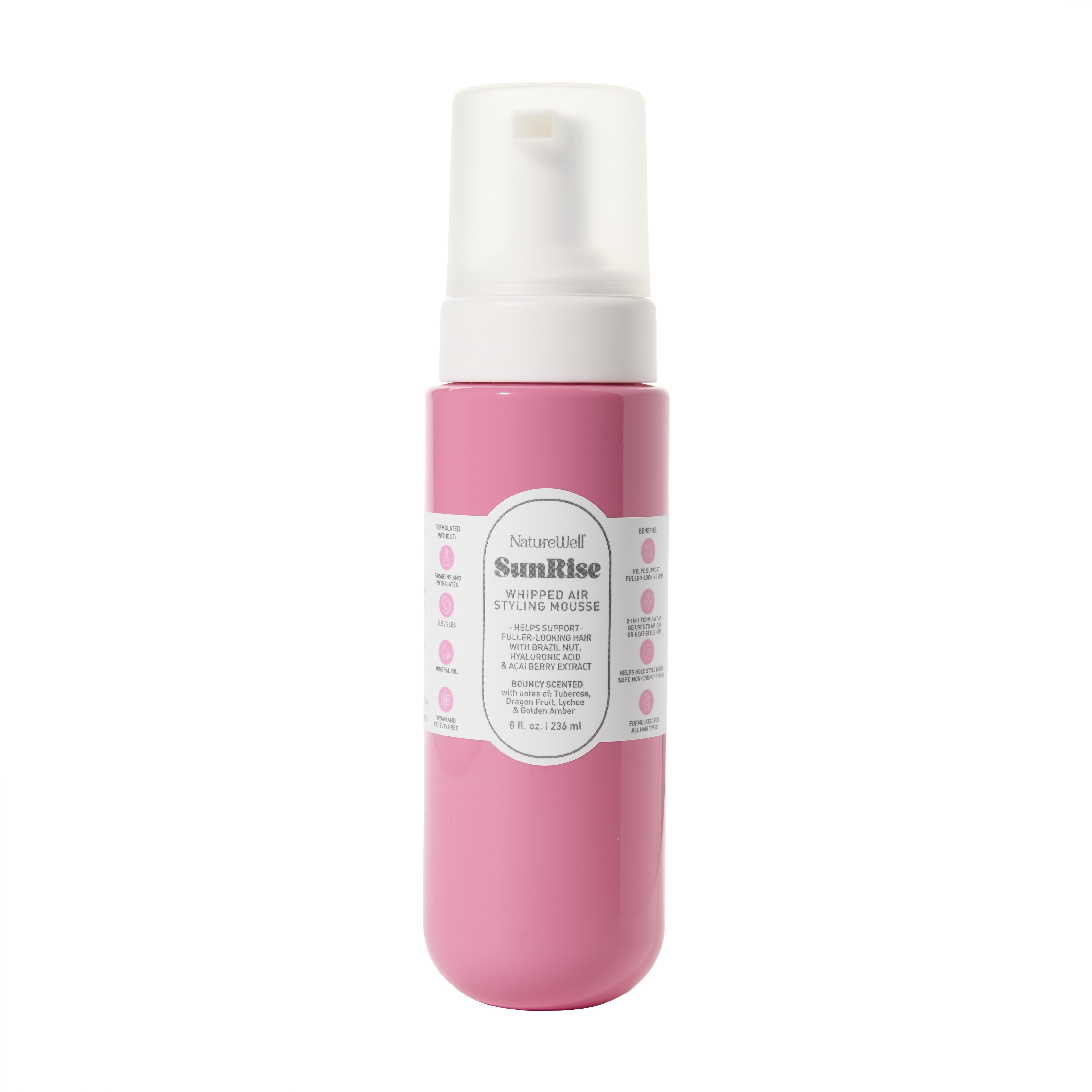Bottle of NatureWell SunRise Hair Styling Mousse on a white background