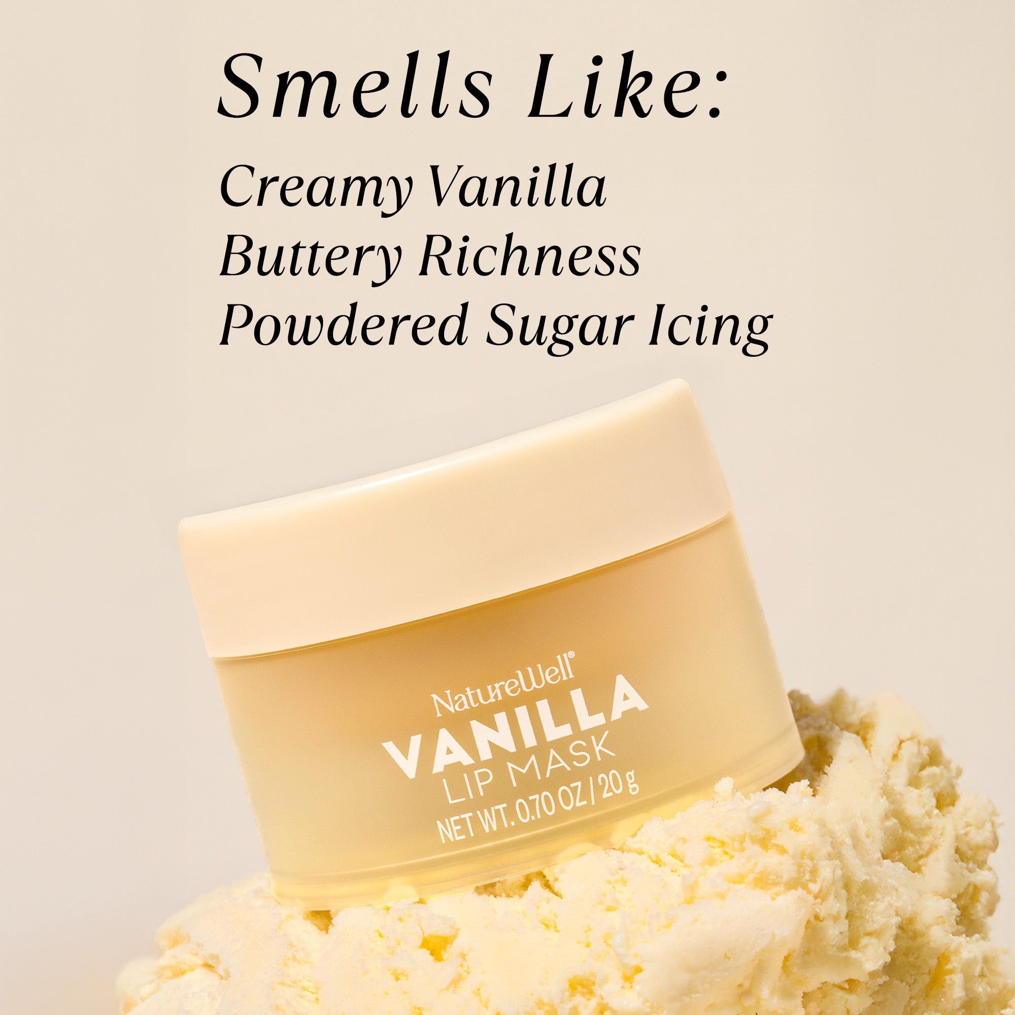 Jar of NatureWell Vanilla Lip Mask on a neutral background with vanilla ice cream
