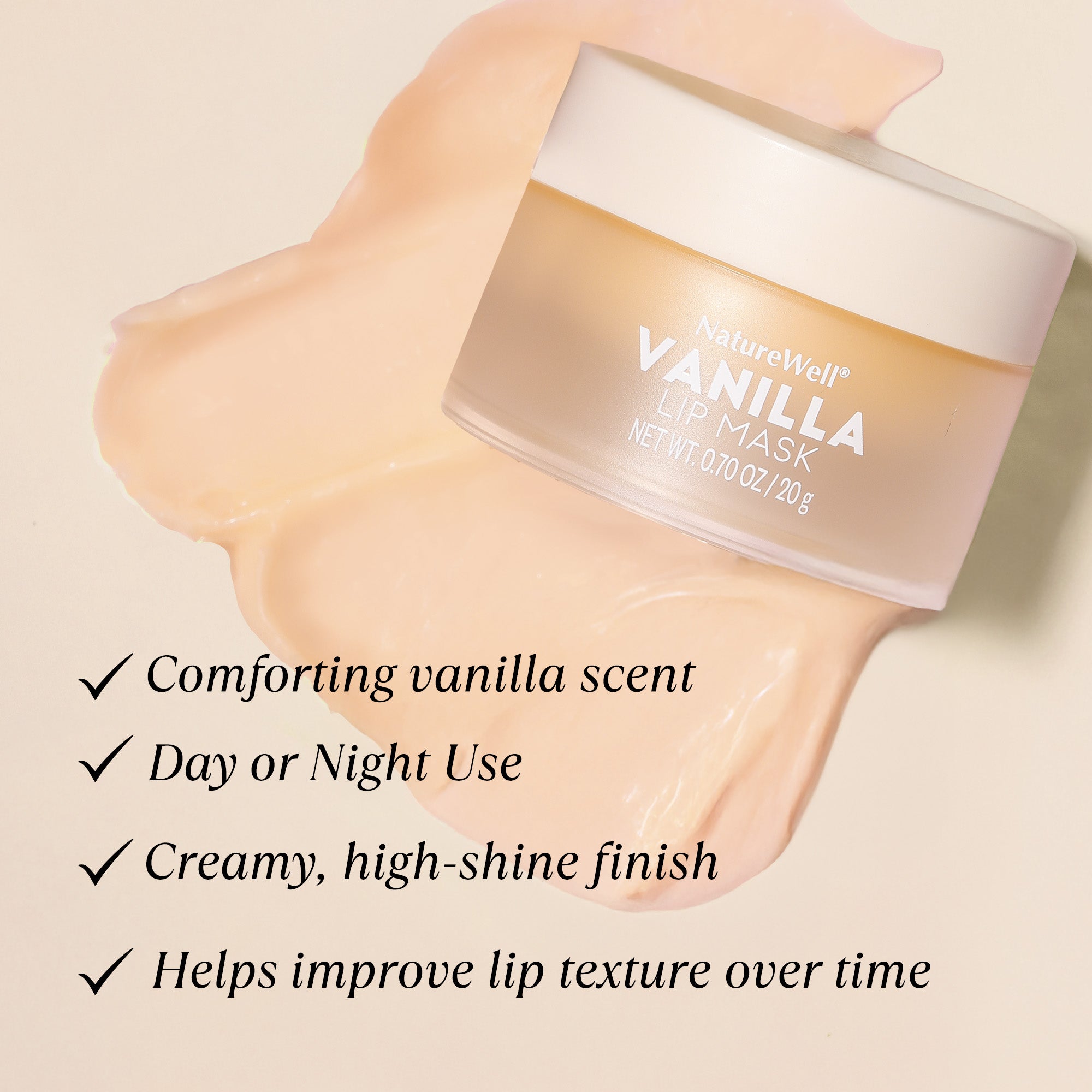 Jar of NatureWell Vanilla Lip Mask on a neutral background with benefits
