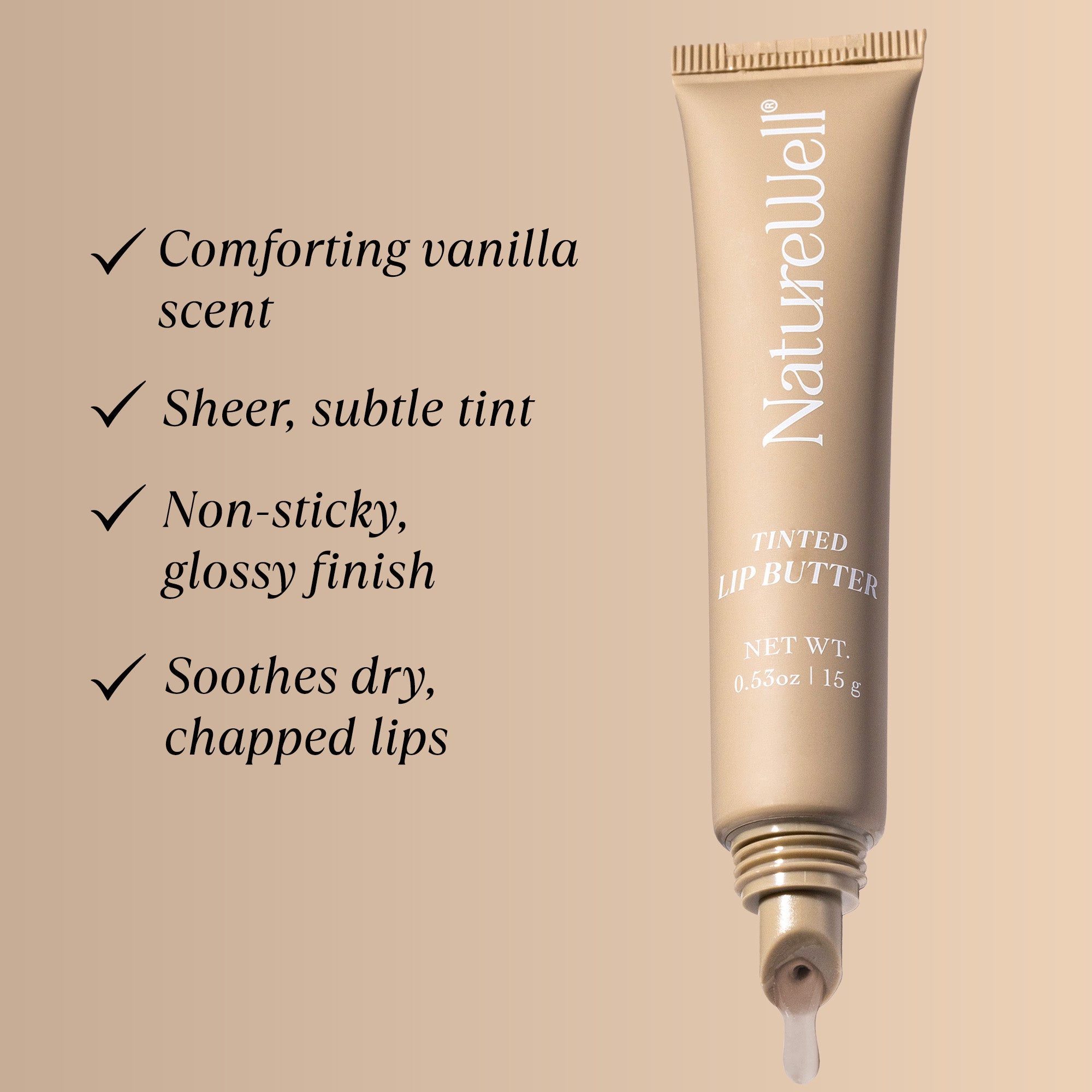 Tube of NatureWell Vanilla Glaze Tinted Lip Butter on a neutral background with benefits