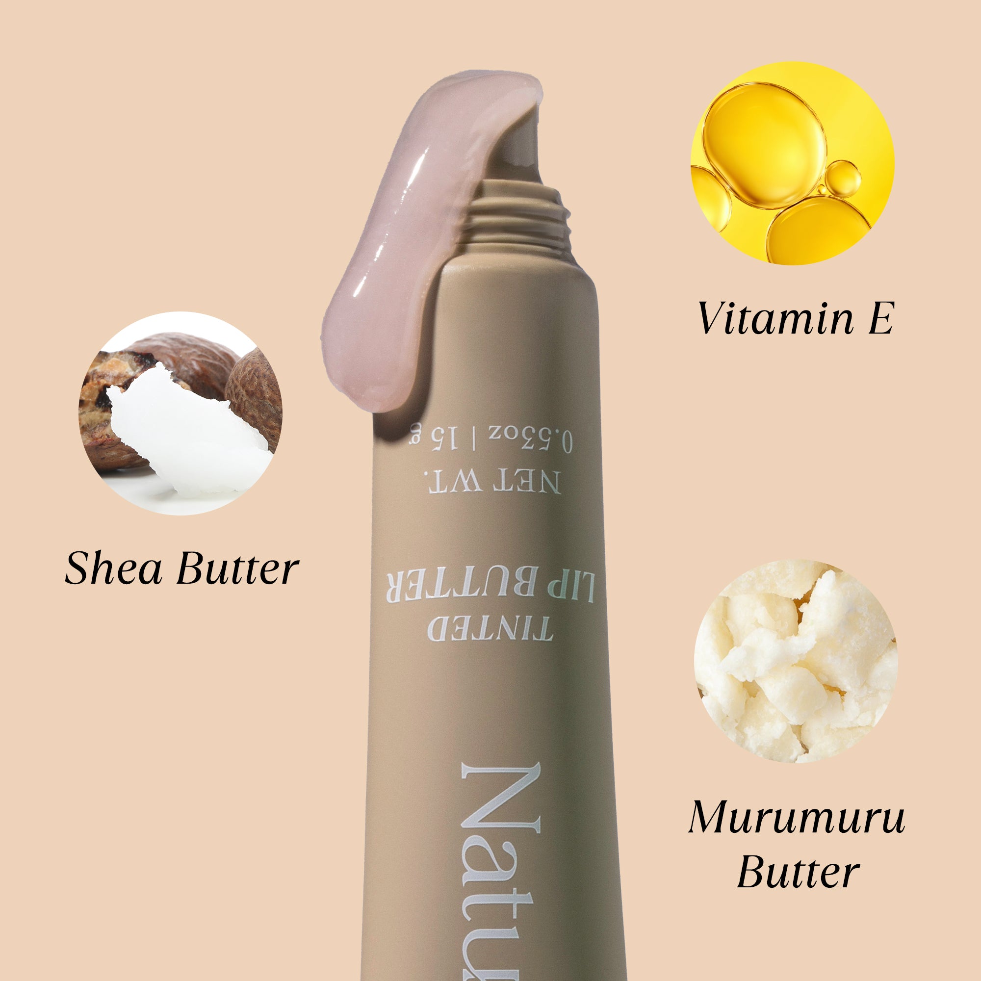 Tube of NatureWell Vanilla Glaze Tinted Lip Butter on a neutral background with ingredients