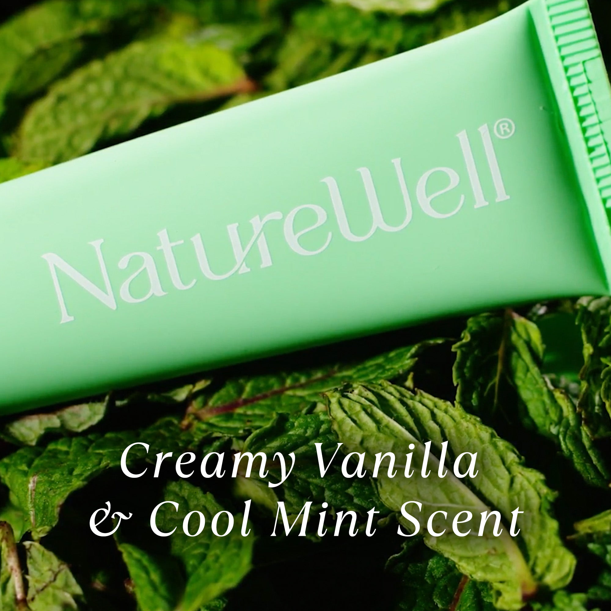 Tube of NatureWell Vanilla Mint Tinted Lip Butter on a background of mint