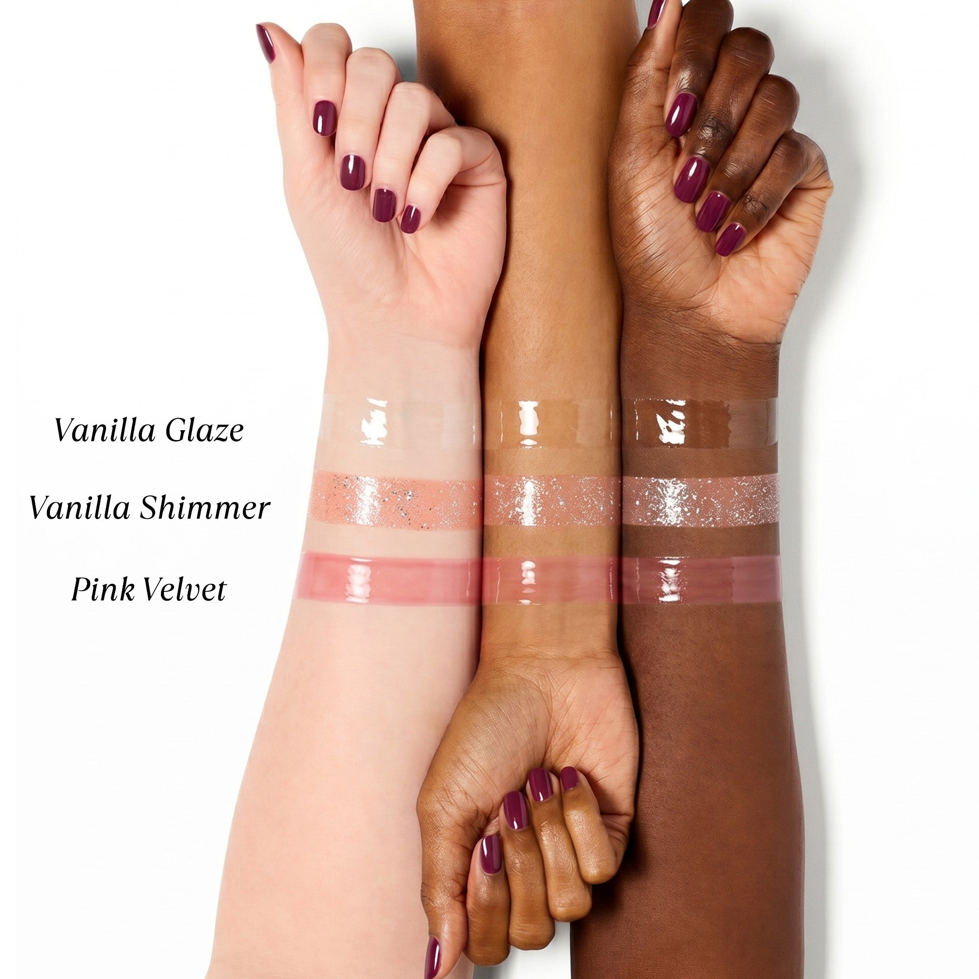 Swatches of NatureWell Tinted Lip Butters on a variety of different skin tones