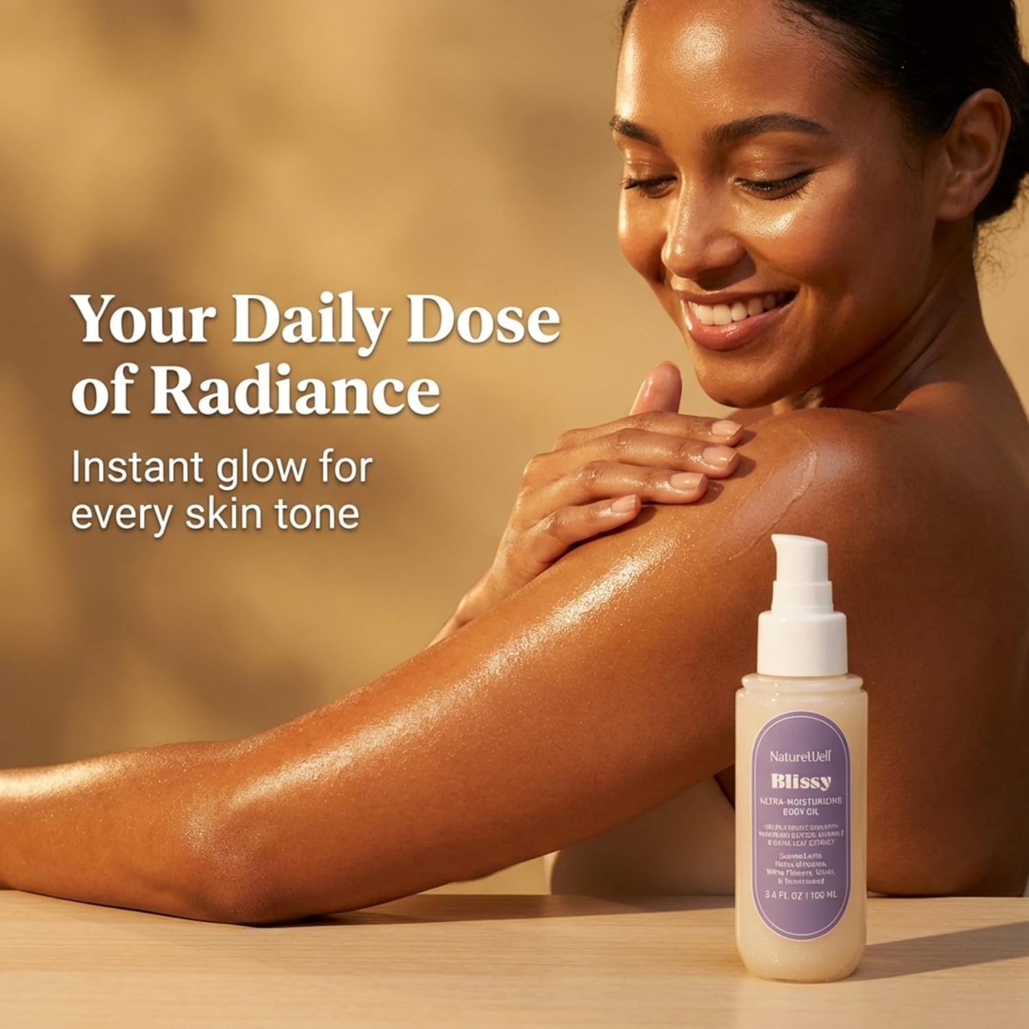 Woman applying NatureWell Blissy body oil to her arm