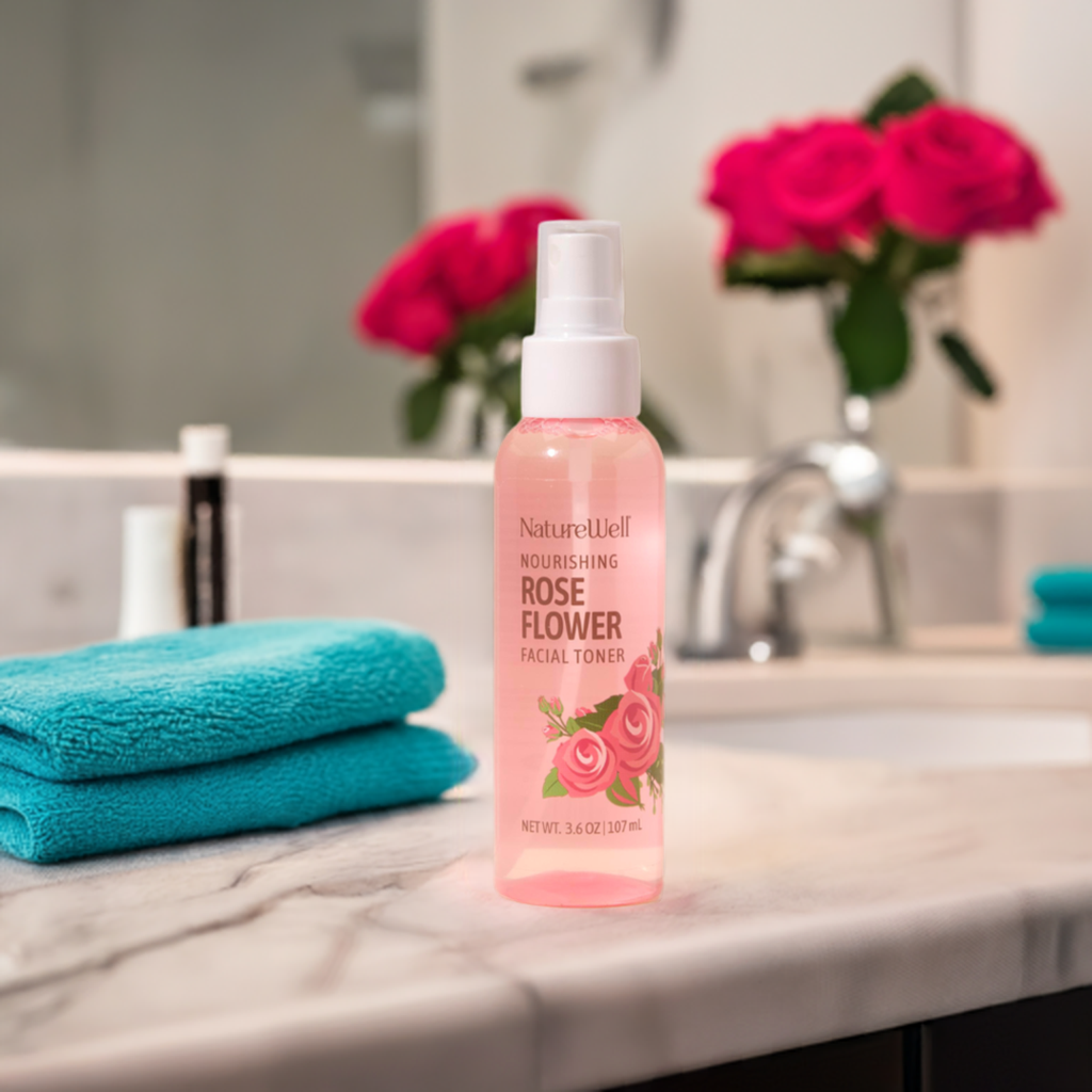 3.6 ounce bottle of nourishing rose flower facial toner spray on bathroom counter aside 2 blue hand towels and bouquet of roses in background
