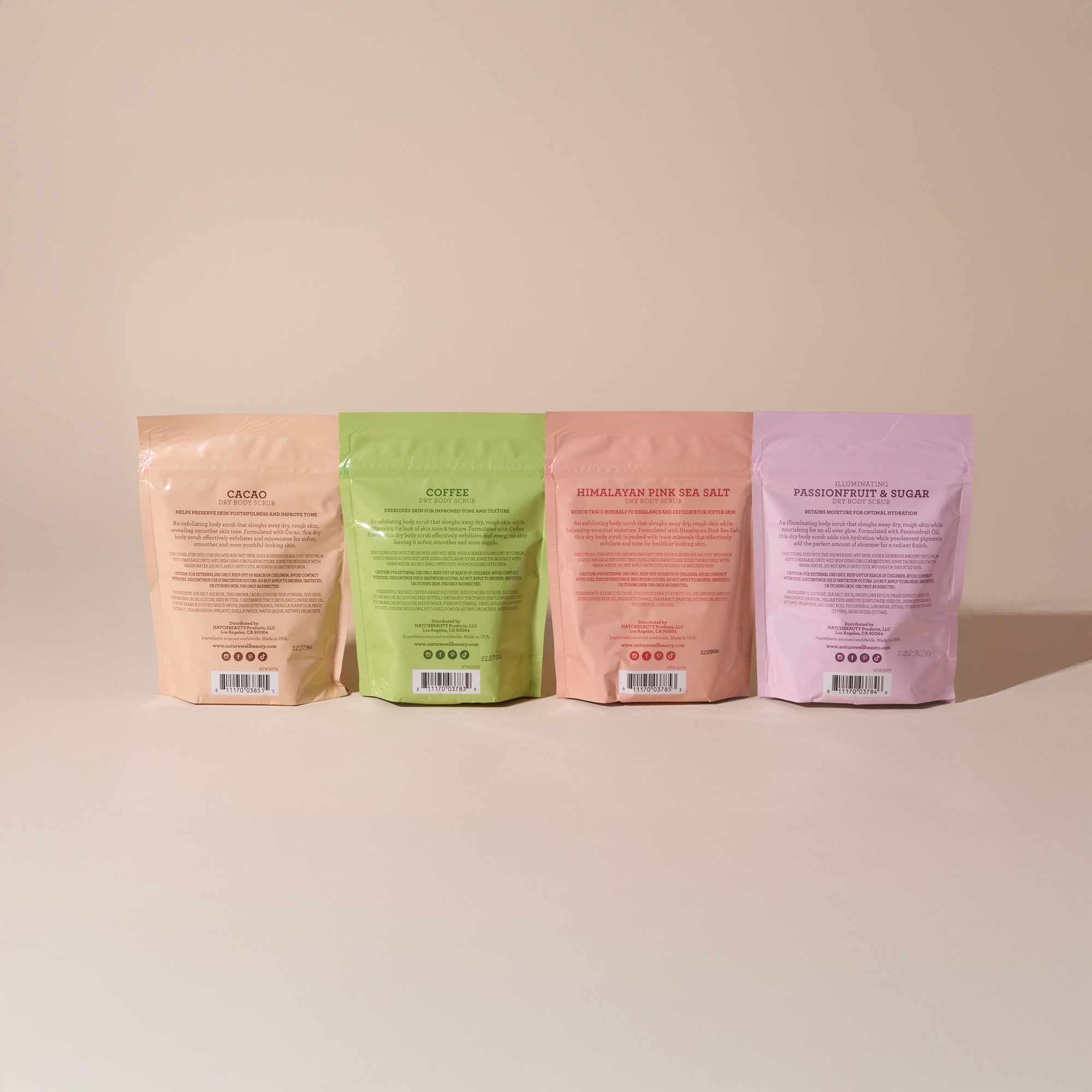 back of 4 bags of exfoliating skin scrubs showing product information and ingredients