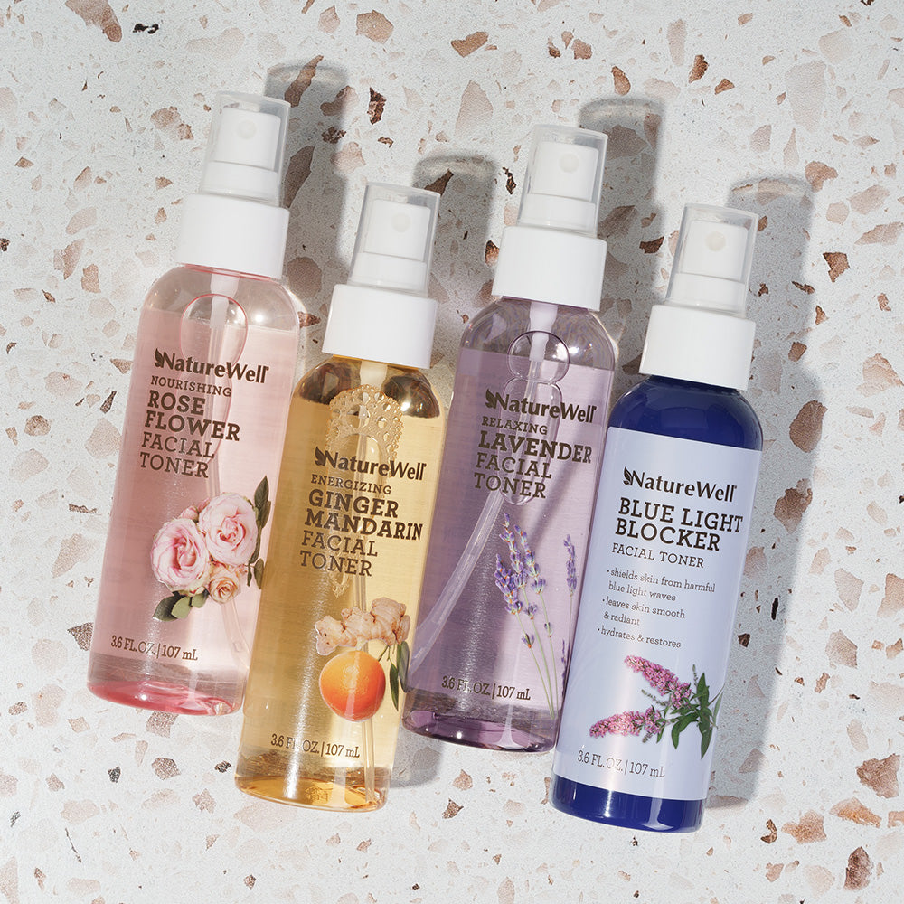 4 bottles of facial toner spray including rose flower toner, ginger mandarin toner, lavender toner and blue light blocker toner spray