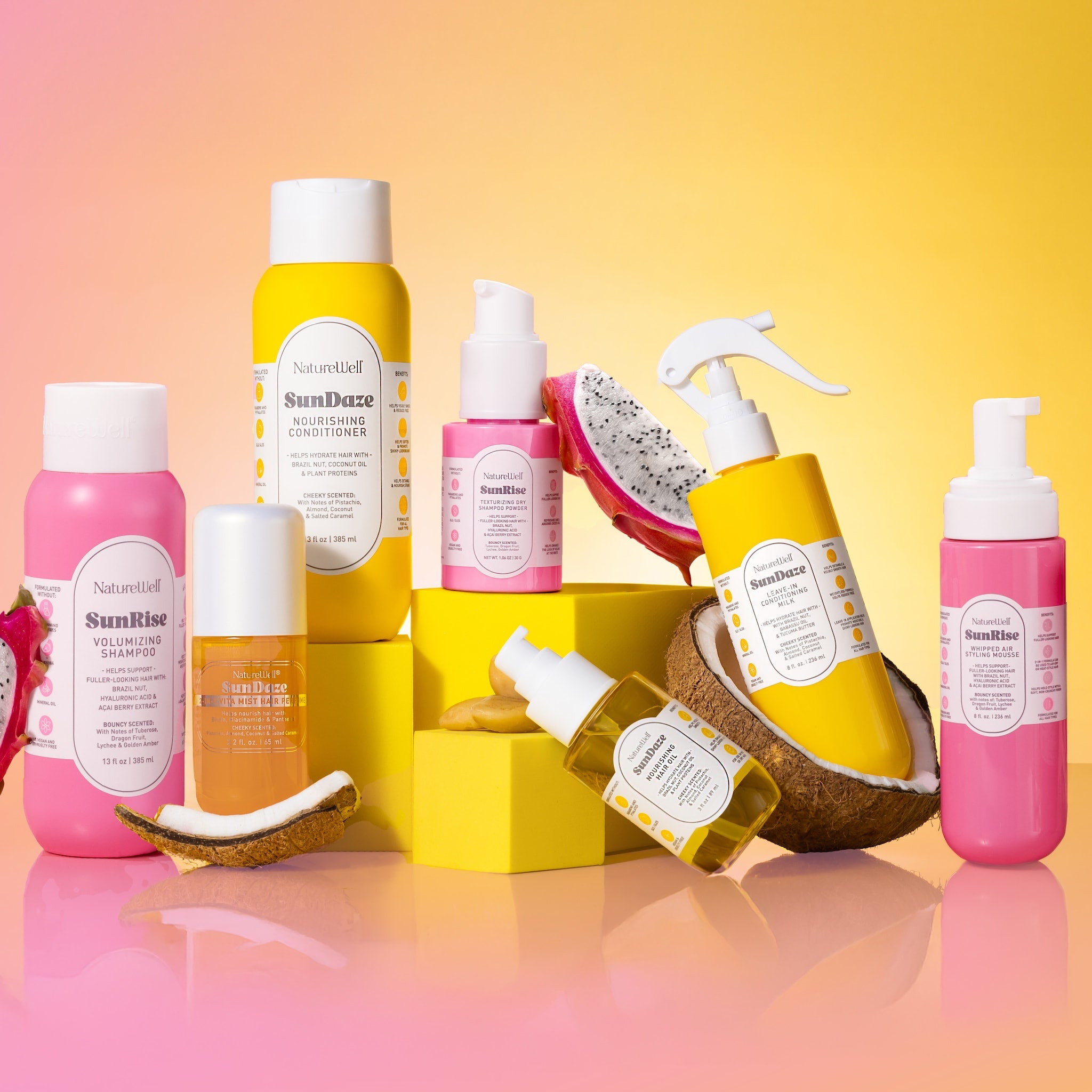 Collection of NatureWell SunDaze and SunRise haircare products on a colorful background