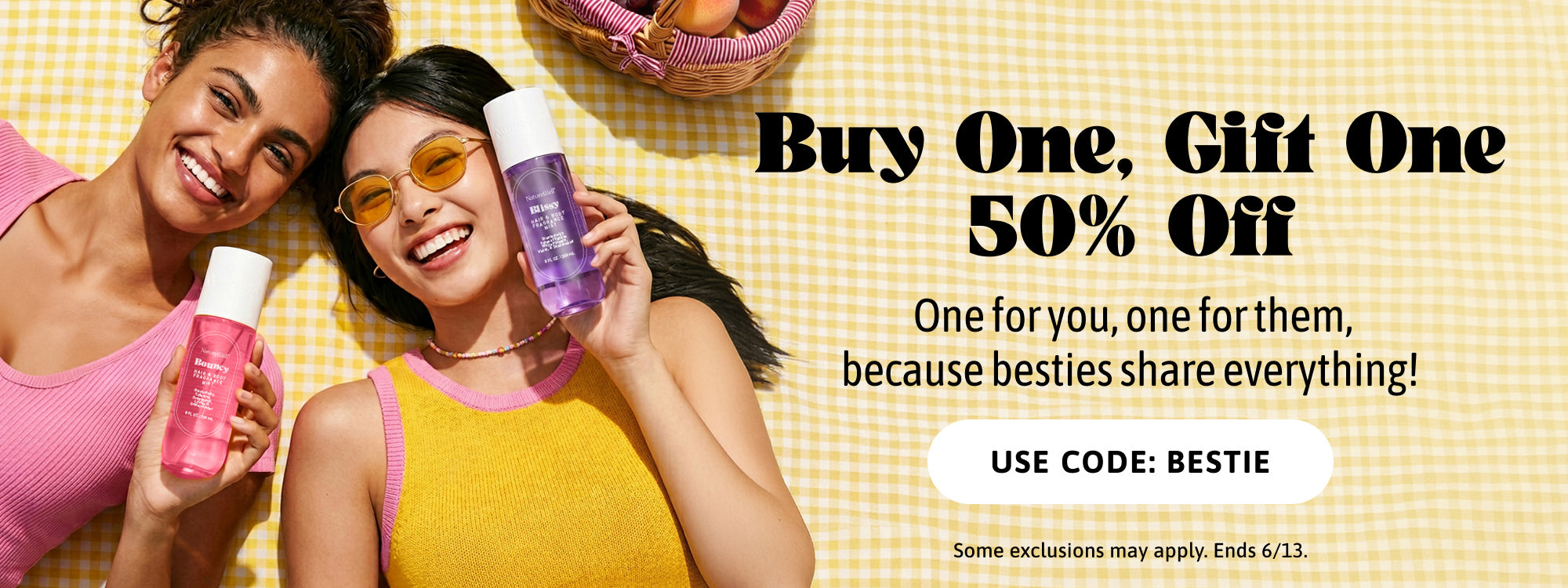 Woman holding NatureWell products on a yellow background with promotional text overlay