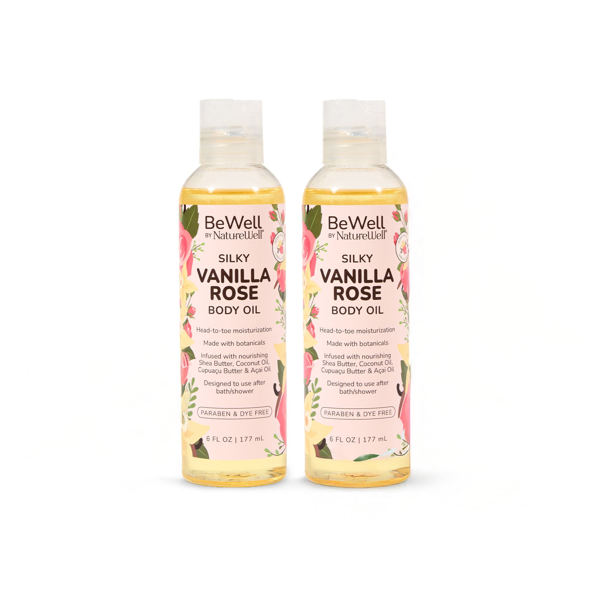 2 bottles of NatureWell Vanilla Rose Body Oil on a white background