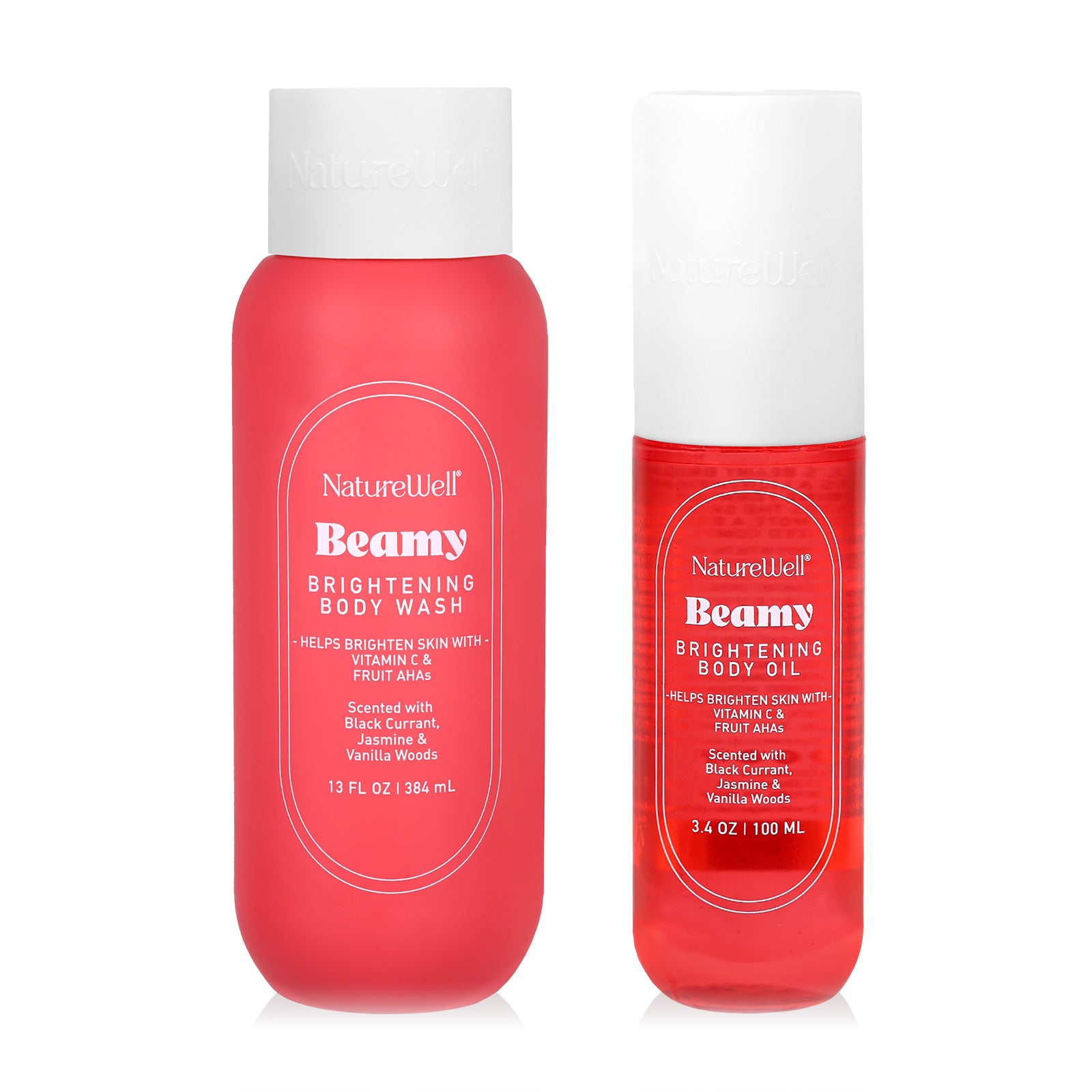 Bottles of NatureWell Beamy skincare products against a white background