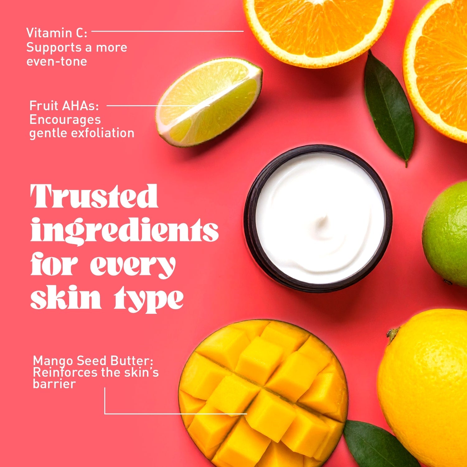 Ingredients callouts on a pink background with fresh fruit in the foreground