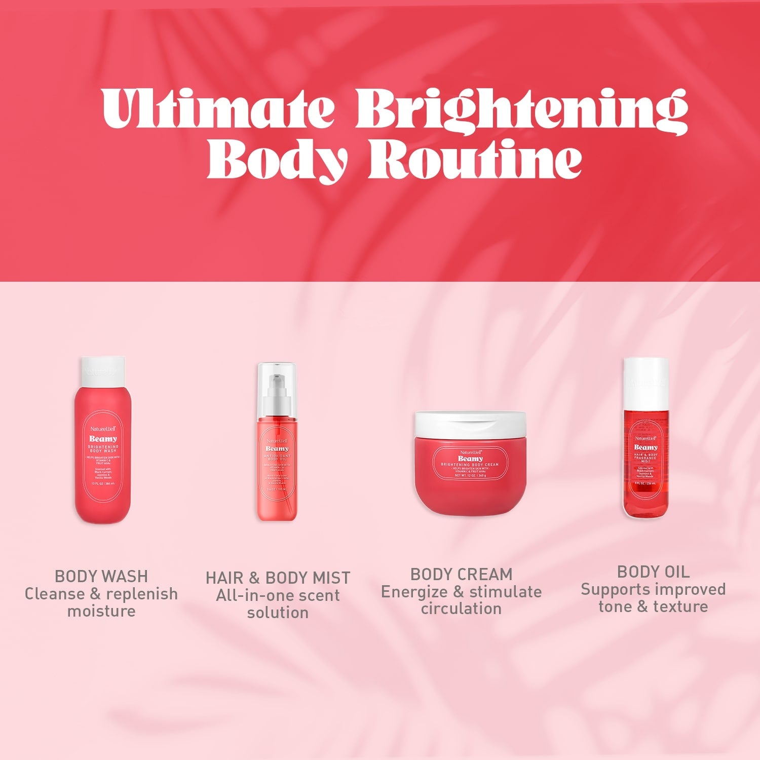 Assortment of NatureWell body care products on a pink background