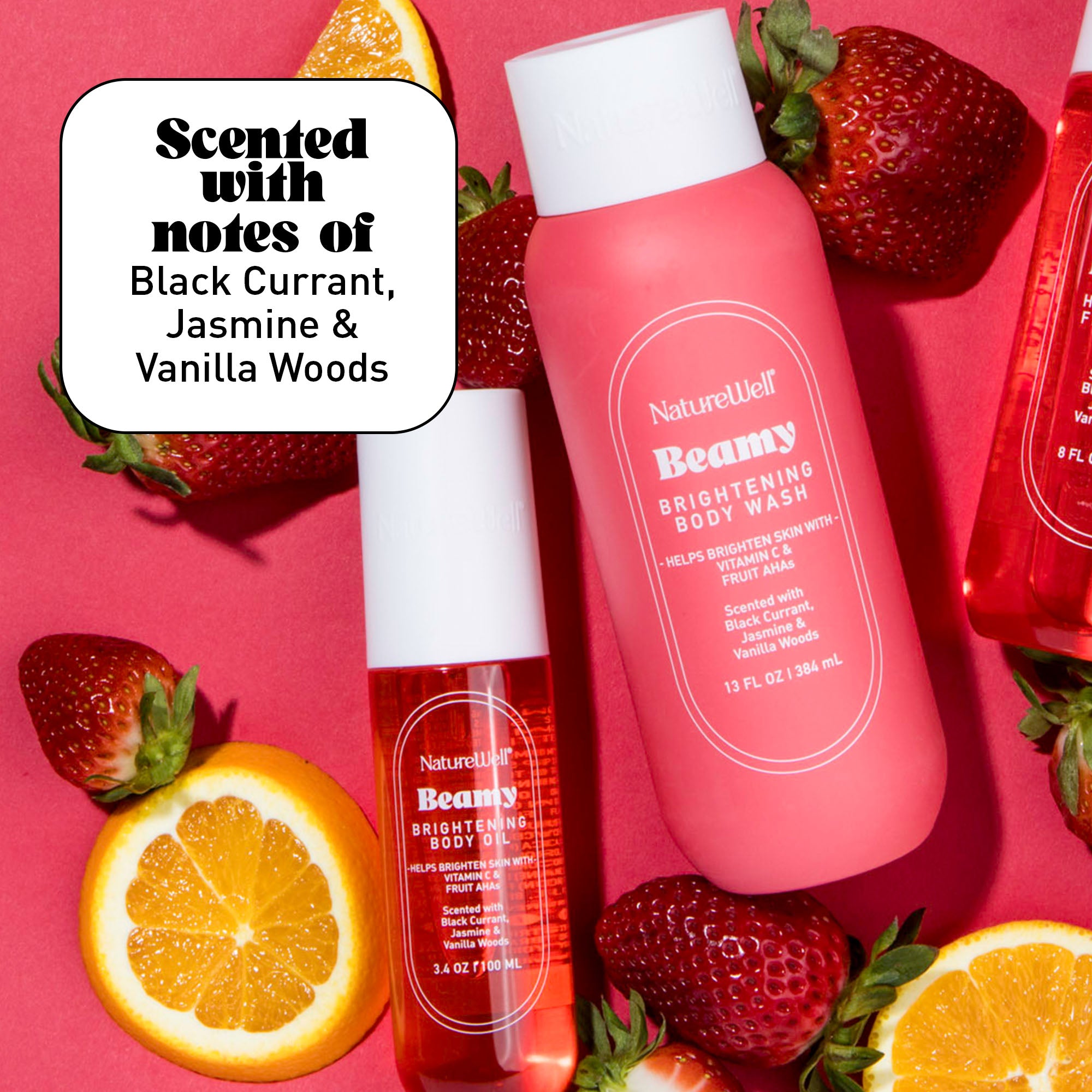 Bottles of NatureWell Beamy skincare products against a pink background with text overlay
