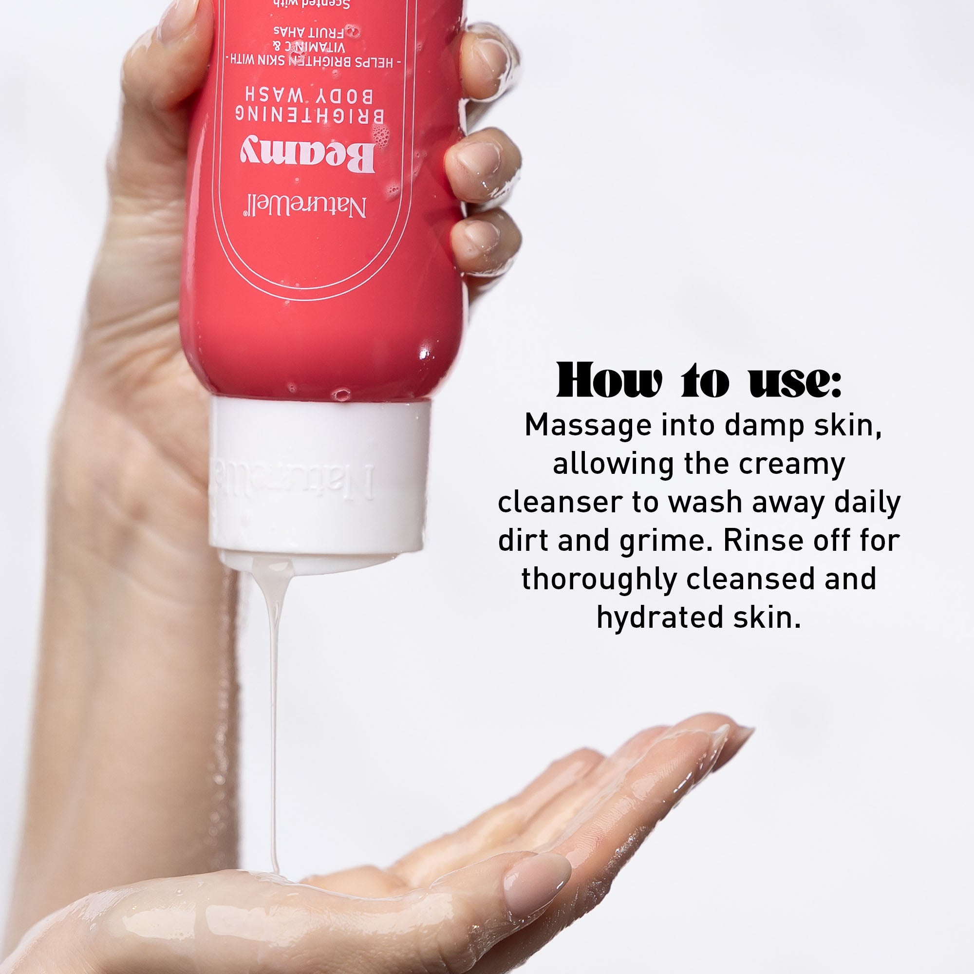 Woman dispensing product from NatureWell Beamy Body Wash onto her hand against a white background with text overlay