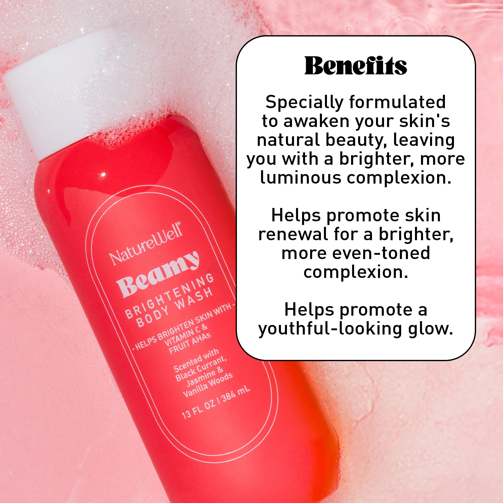 Bottle of NatureWell Beamy Body Wash against a pink background with text overlay