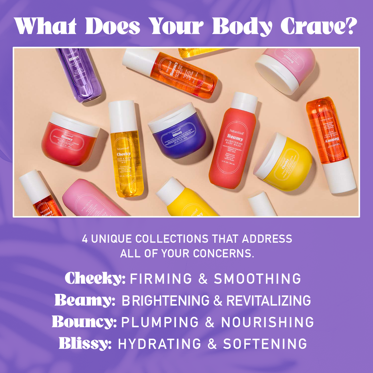 Assortment of NatureWell body care products on a purple background with text overlay