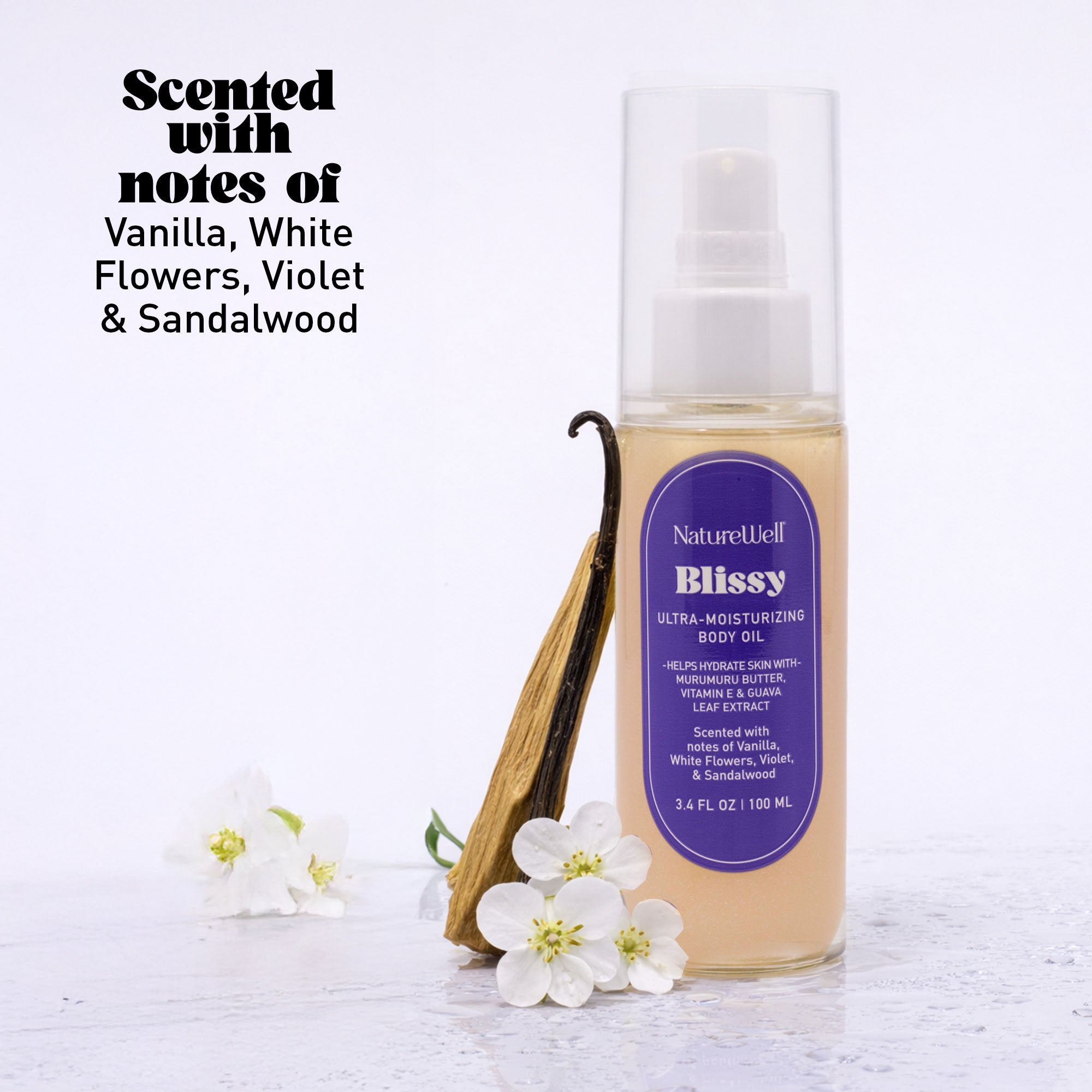 Bottle of NatureWell Blissy Body Oil on a white background with text overlay