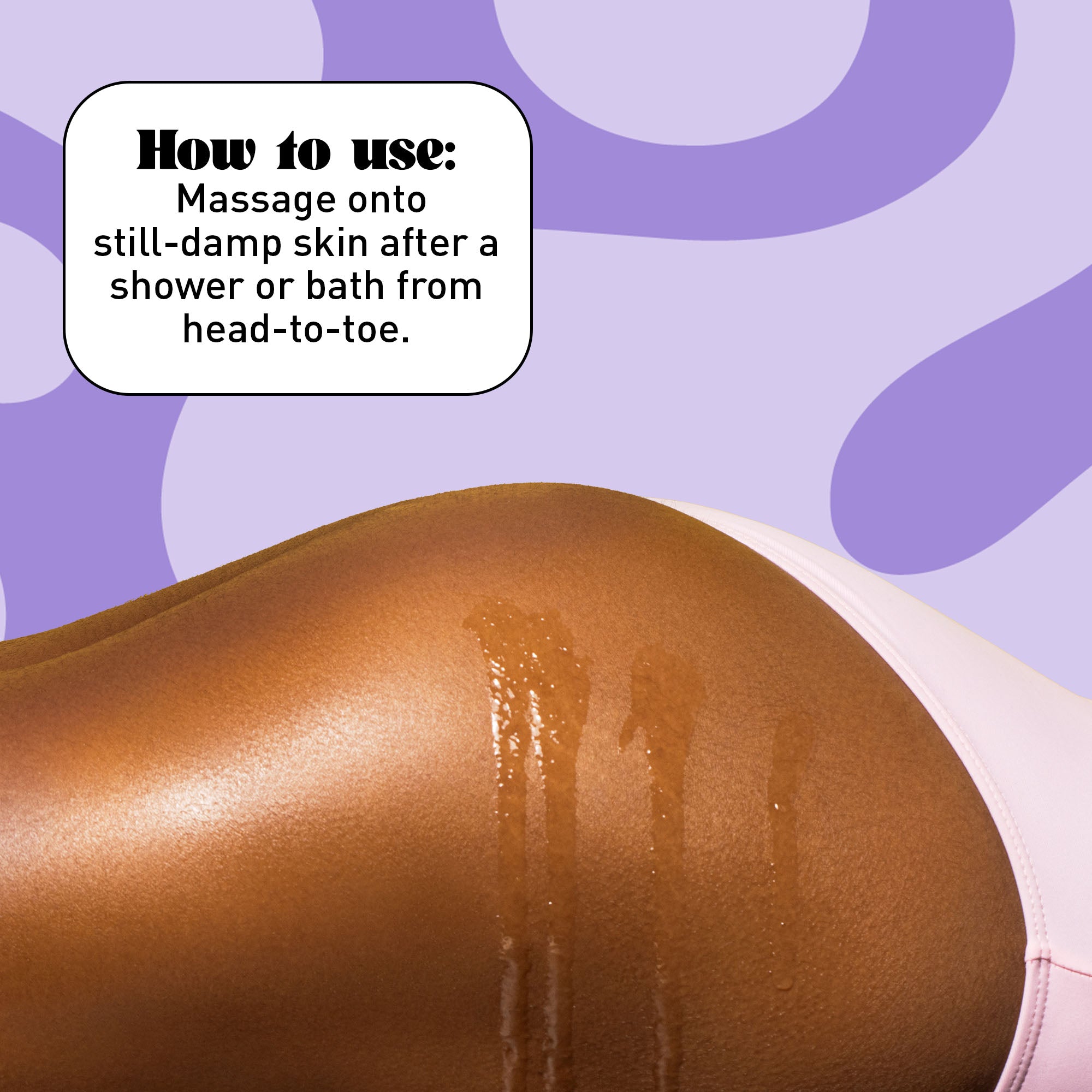Body oil being applied to a woman's skin against a purple background with text overlay