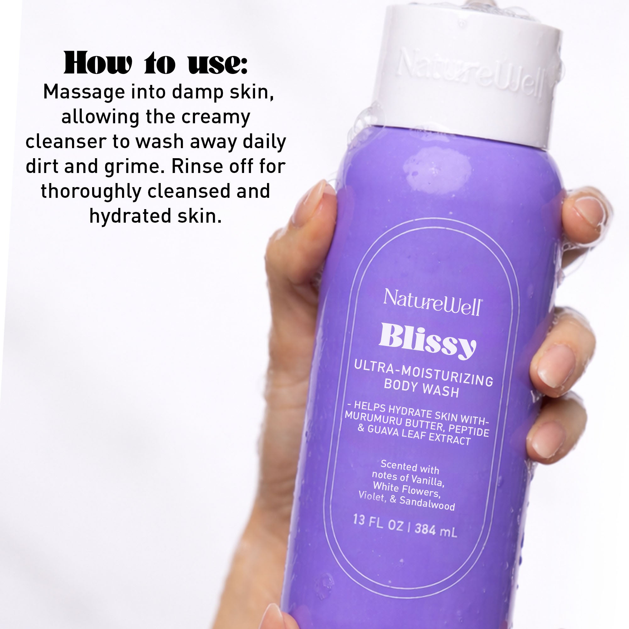 Woman holding bottle of NatureWell Blissy Body Wash onto her hand against a white background with text overlay
