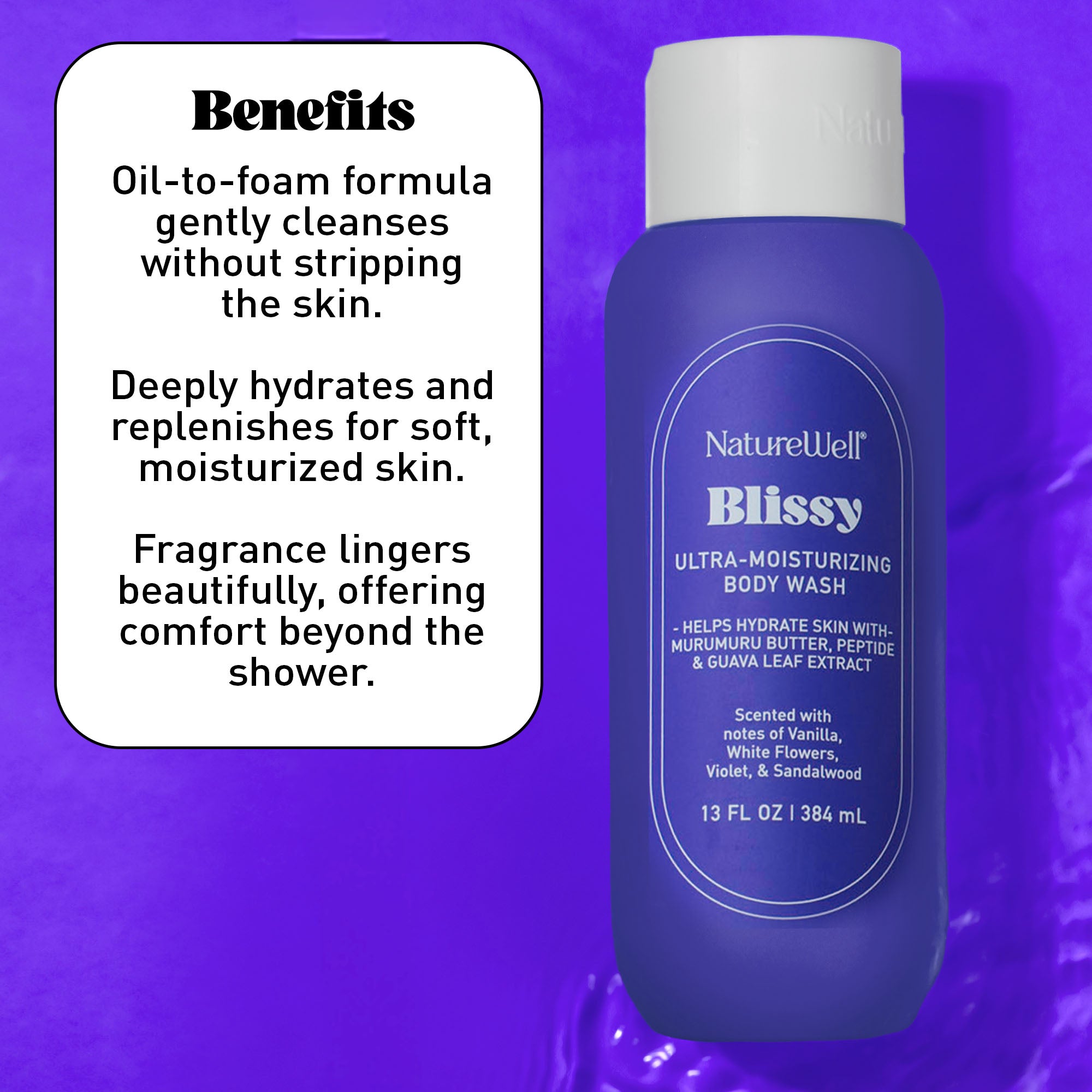 Bottle of NatureWell Blissy Body Wash against a purple background with text overlay