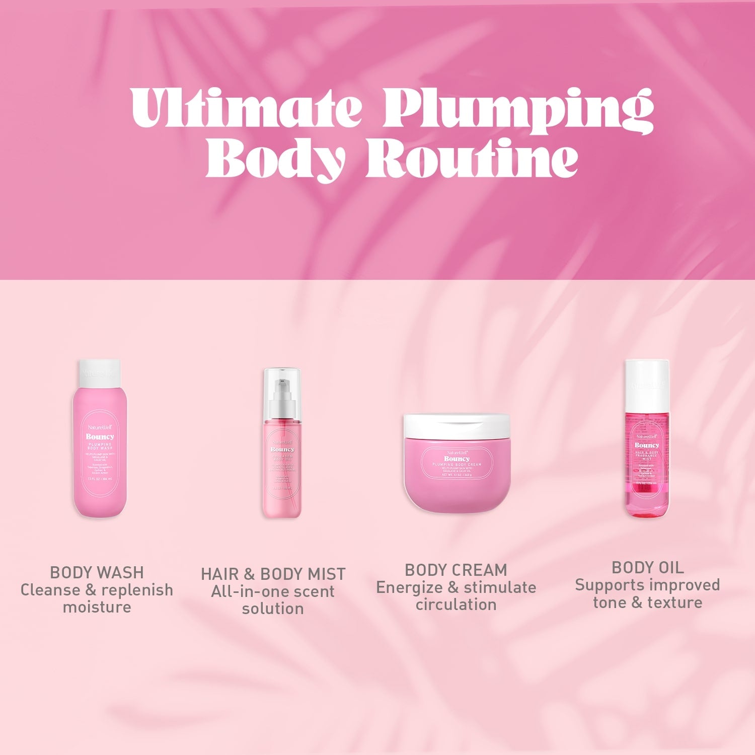 Assortment of NatureWell body care products on a pink background