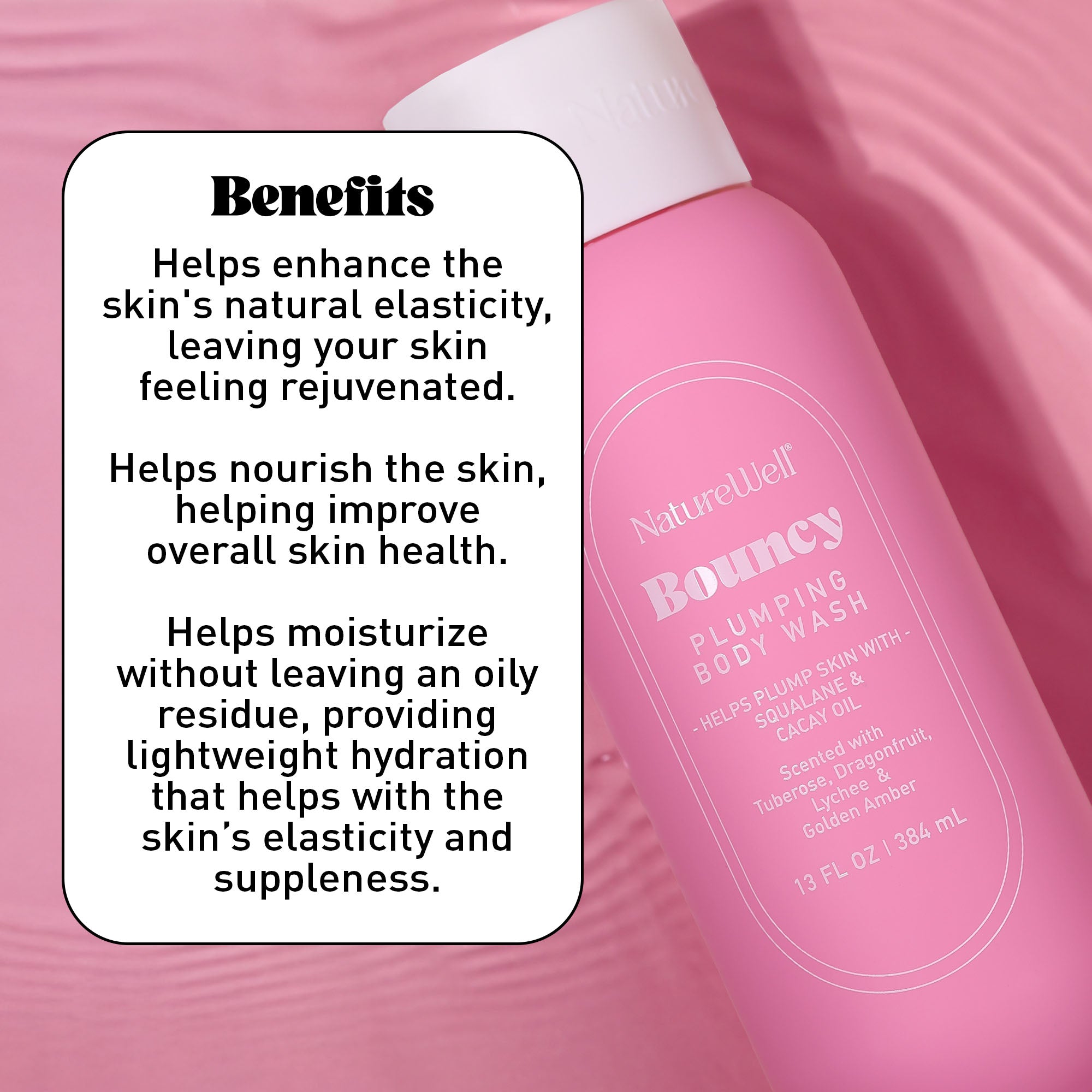Bottle of NatureWell Bouncy Plumping Body Wash on a pink background with text overlay