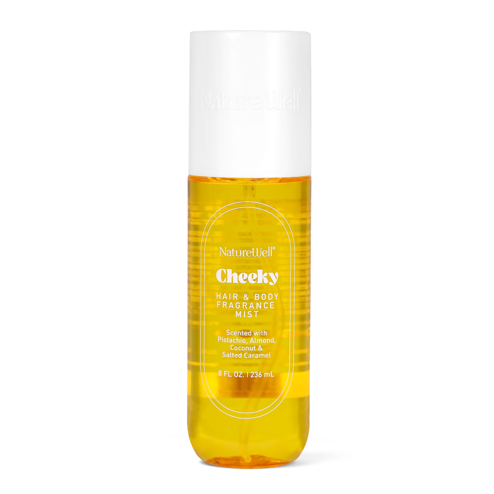 Bottle of NatureWell Cheeky Hair & Body Fragrance Mist on a white background