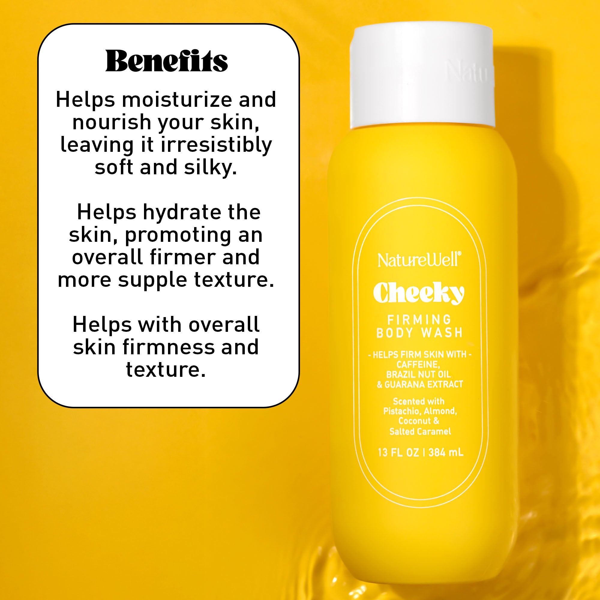 Bottle of NatureWell Cheeky Firming Body Wash on a yellow background with text overlay