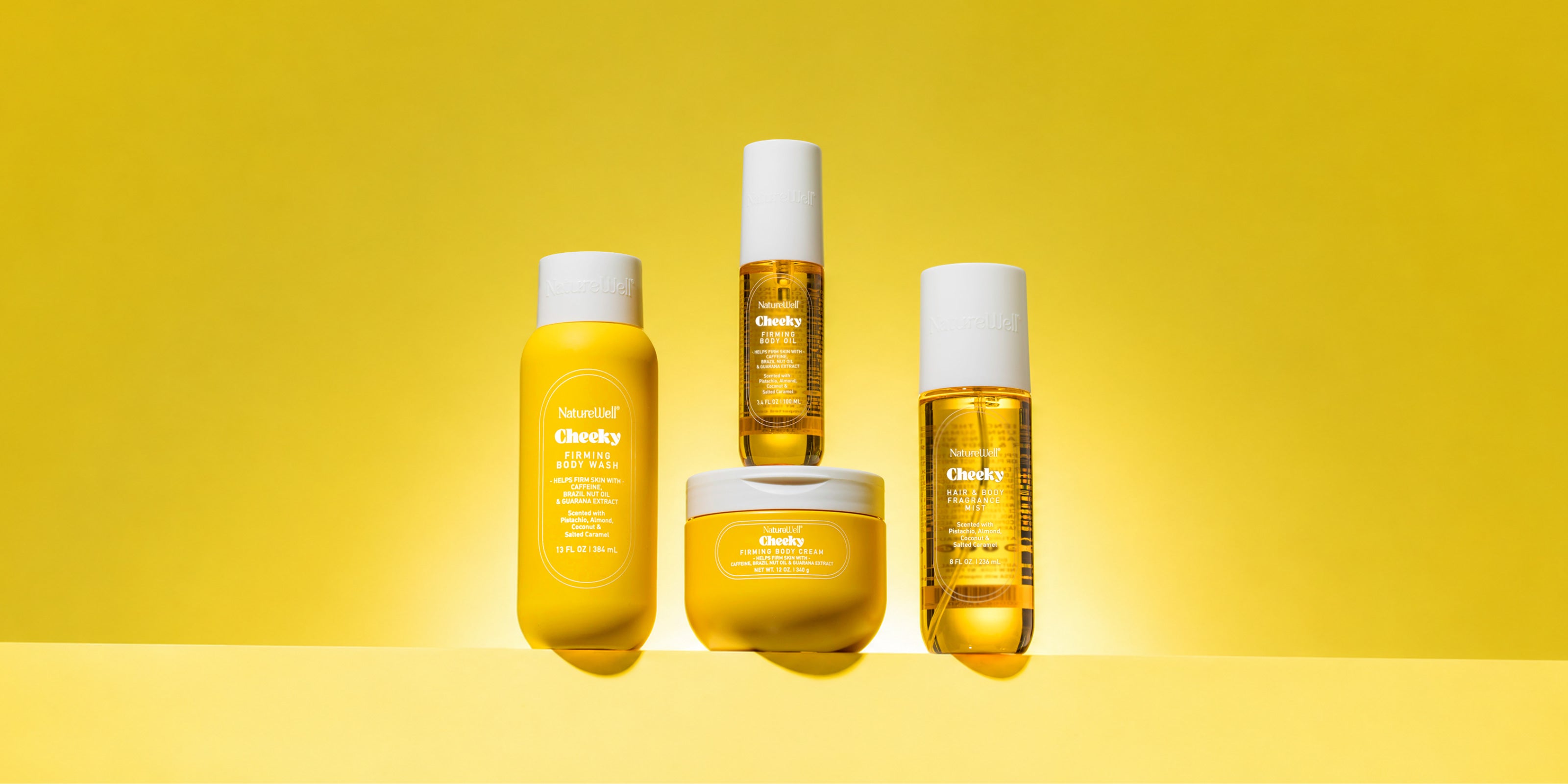 Collection of NatureWell Cheeky products on a yellow background