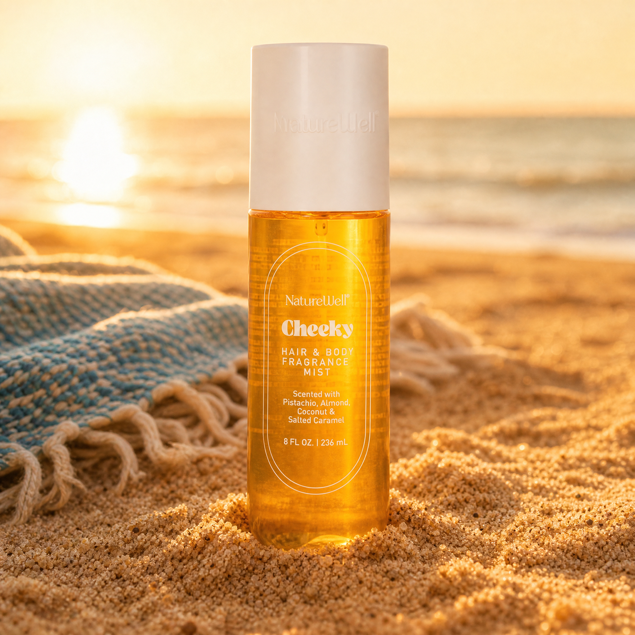 Bottle of NatureWell Cheeky Hair & Body Fragrance Mist on a natural background