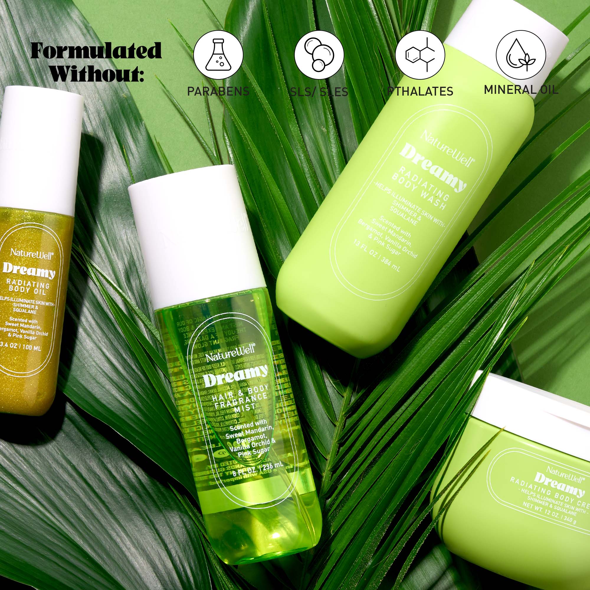Assortment of NatureWell Dreamy skincare products on a green background