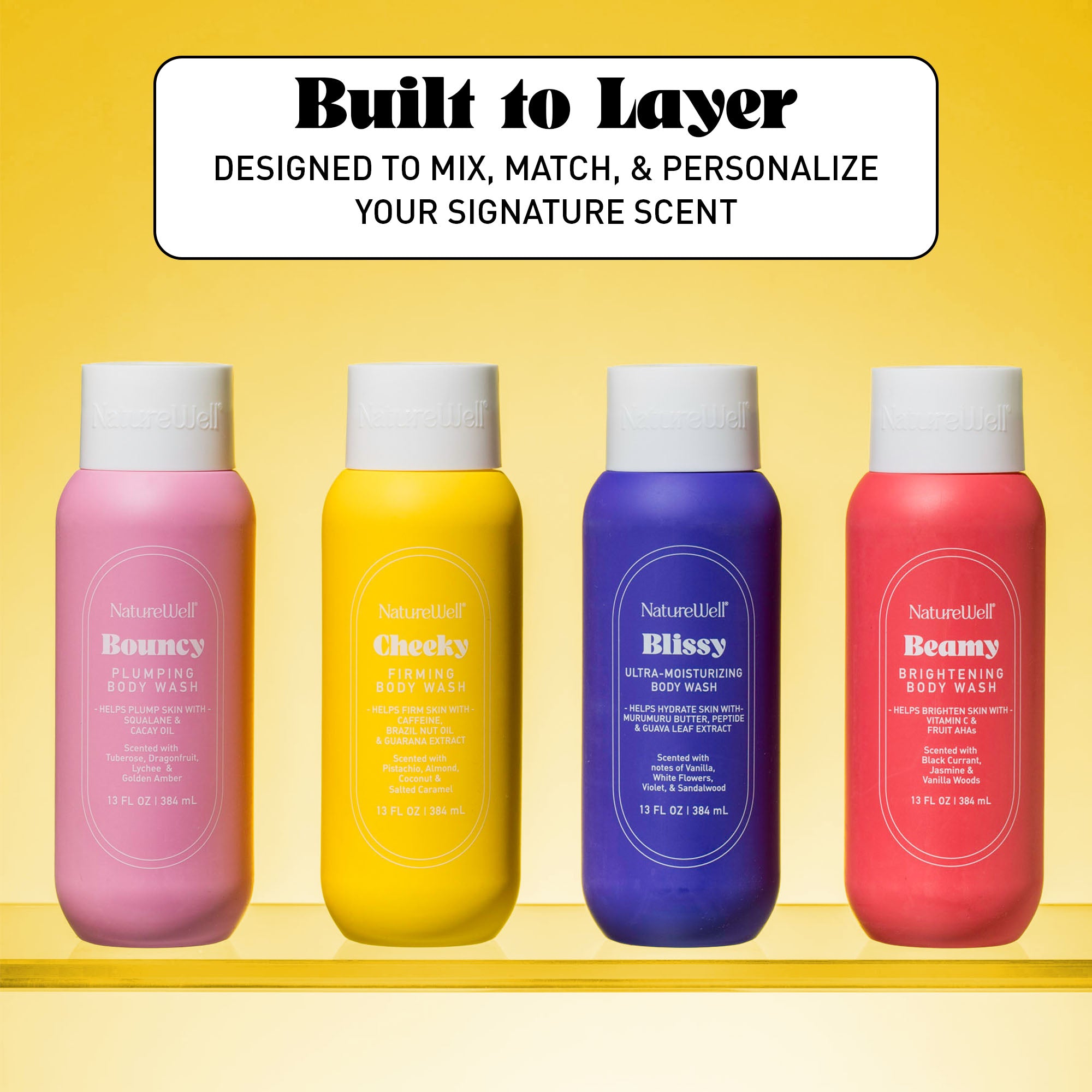 Collection of NatureWell body washes on a yellow background with text "built to layer"