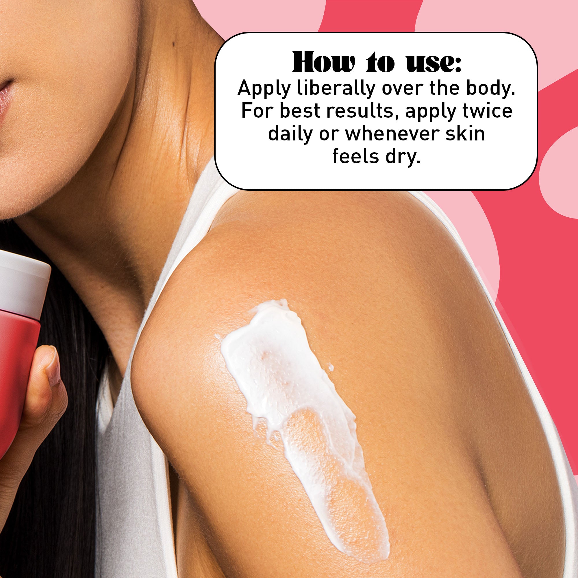 Woman applying cream to her arm against a pink background with text overlay